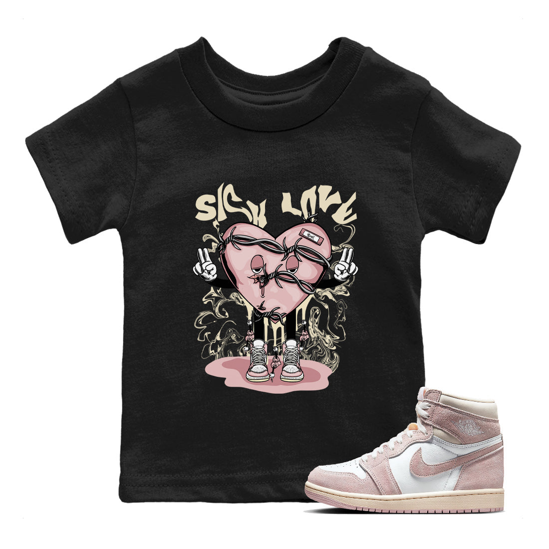 Air Jordan 1 Washed Pink Sneaker Match Tees Sick Love Streetwear Sneaker Shirt Jordan 1 High OG Washed Pink Sneaker Release Tees Kids Shirts Black 1