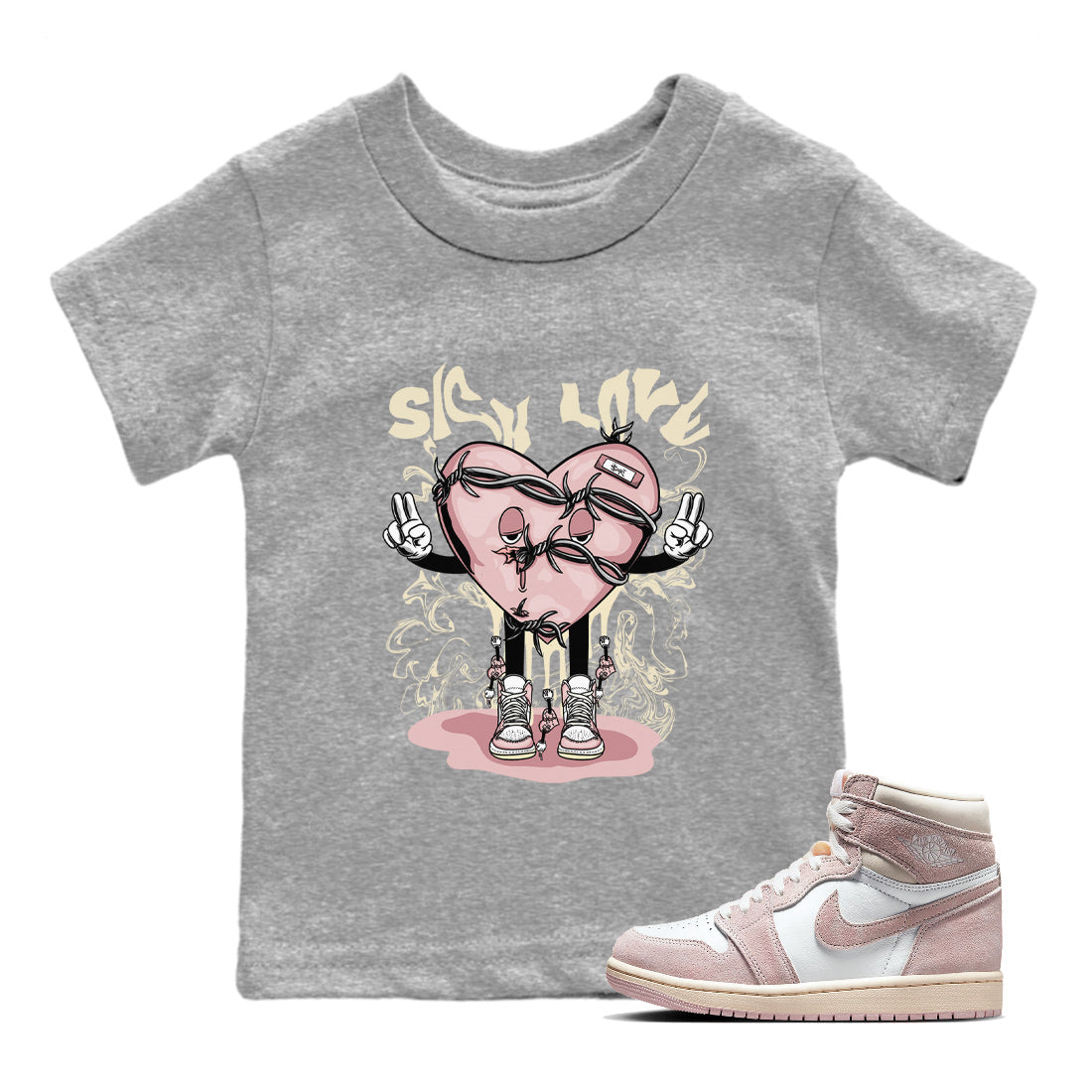 Air Jordan 1 Washed Pink Sneaker Match Tees Sick Love Streetwear Sneaker Shirt Jordan 1 High OG Washed Pink Sneaker Release Tees Kids Shirts Heather Grey 1