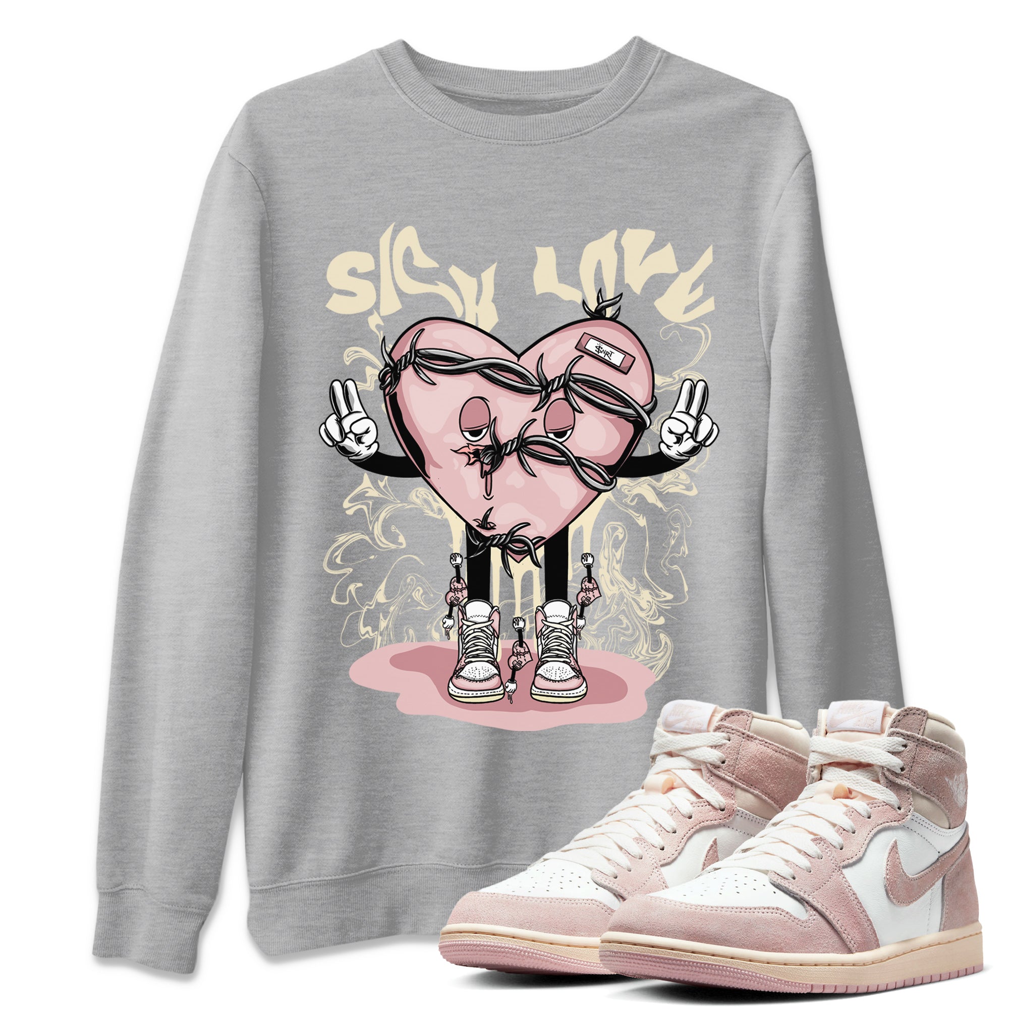 Air Jordan 1 Washed Pink Sneaker Match Tees Sick Love Streetwear Sneaker Shirt Jordan 1 High OG Washed Pink Sneaker Release Tees Unisex Shirts Heather Grey 1