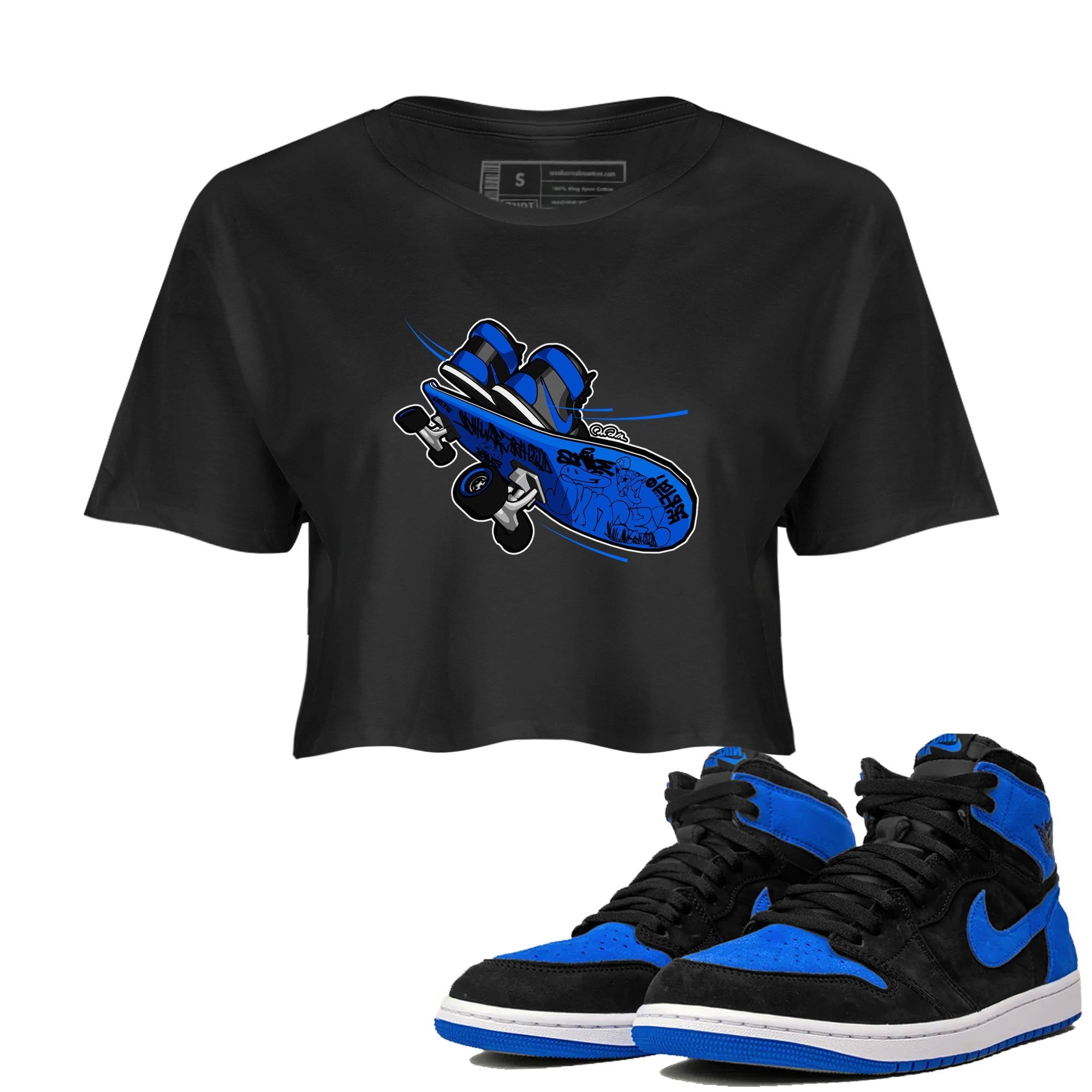 Air Jordan 1 Royal Reimagined shirt to match jordans Skateboard sneaker tees AJ1 Royal Reimagined Drip Gear Zone Black 1 Crop T-Shirt