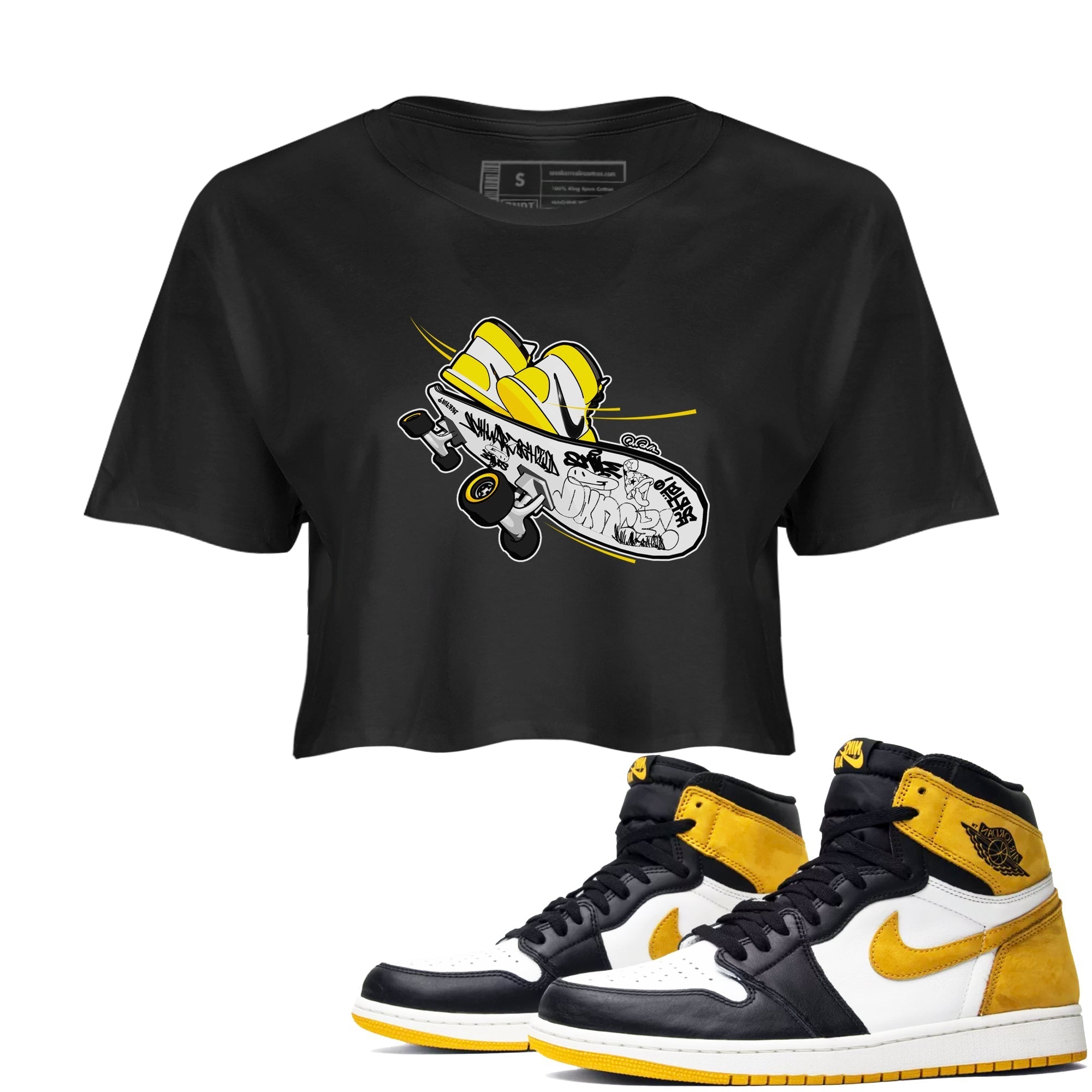 1s Yellow Ochre shirt to match jordans Skateboard sneaker tees streetwear brand Air Jordan 1 Yellow Ochre Drip Gear Zone Brand Black 1 crop length shirt