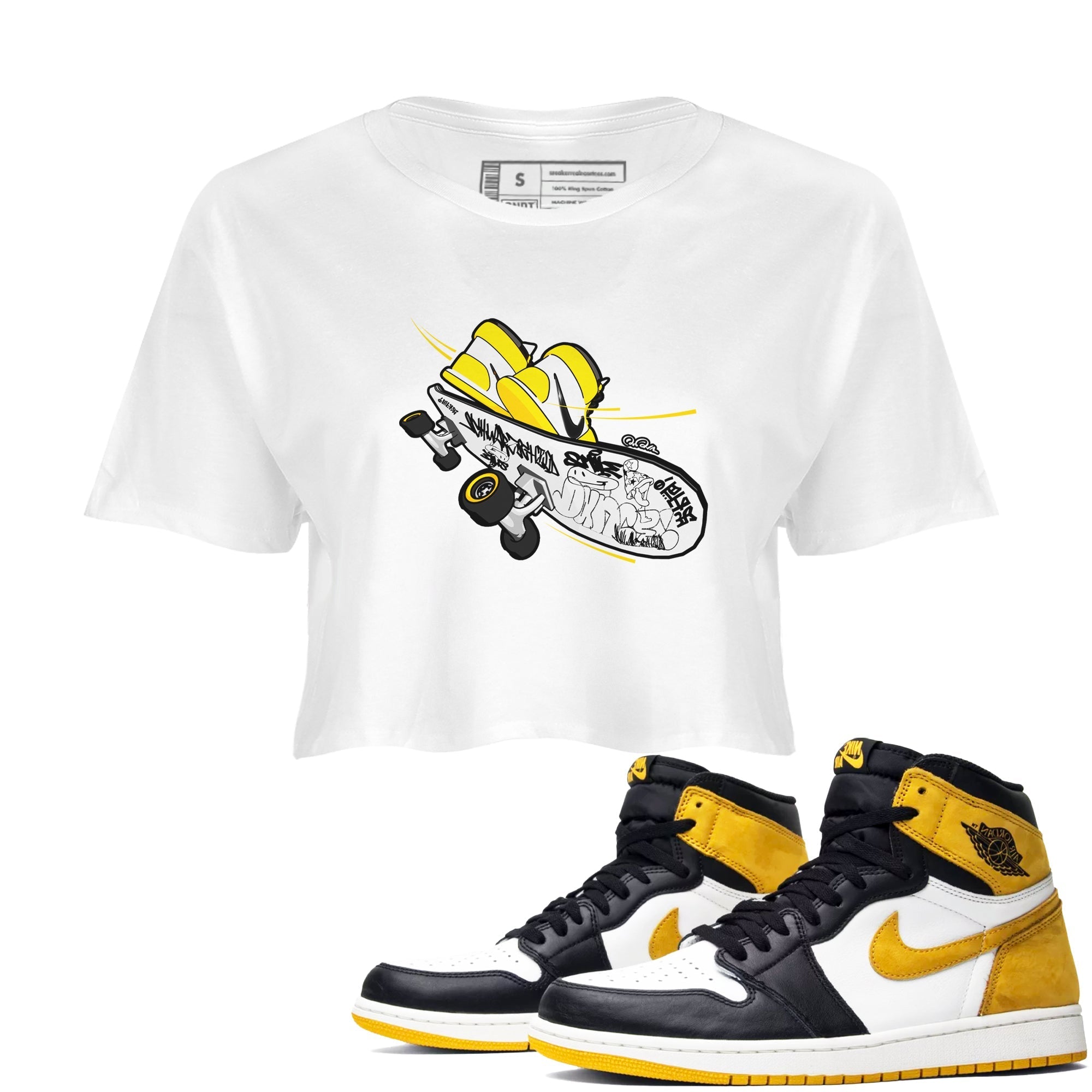 1s Yellow Ochre shirt to match jordans Skateboard sneaker tees streetwear brand Air Jordan 1 Yellow Ochre Drip Gear Zone Brand White 1 crop length shirt