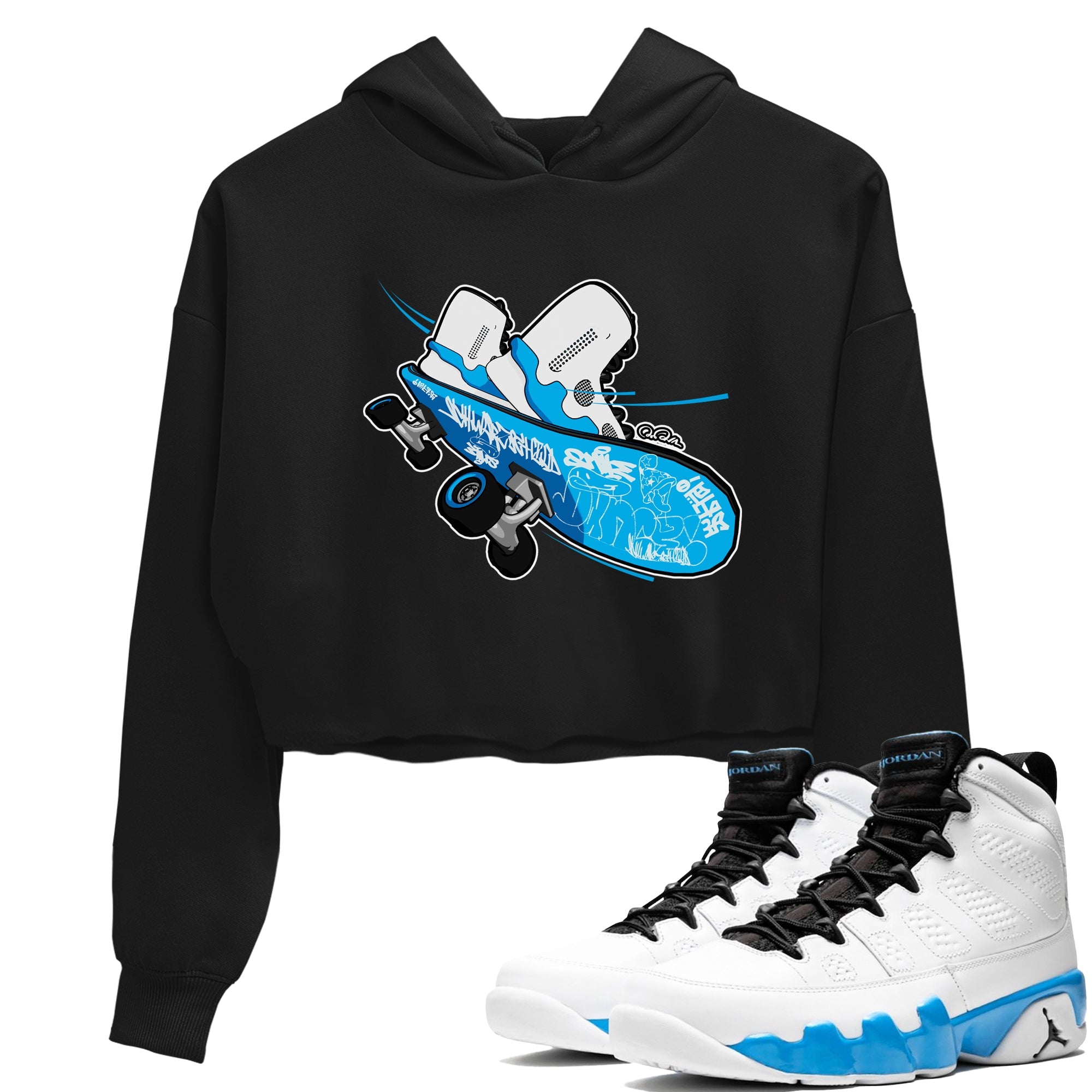 9s Powder Blue shirt to match jordans Skateboard sneaker tees Air Jordan 9 Powder Blue Drip Gear Zone Black 1 crop length shirt