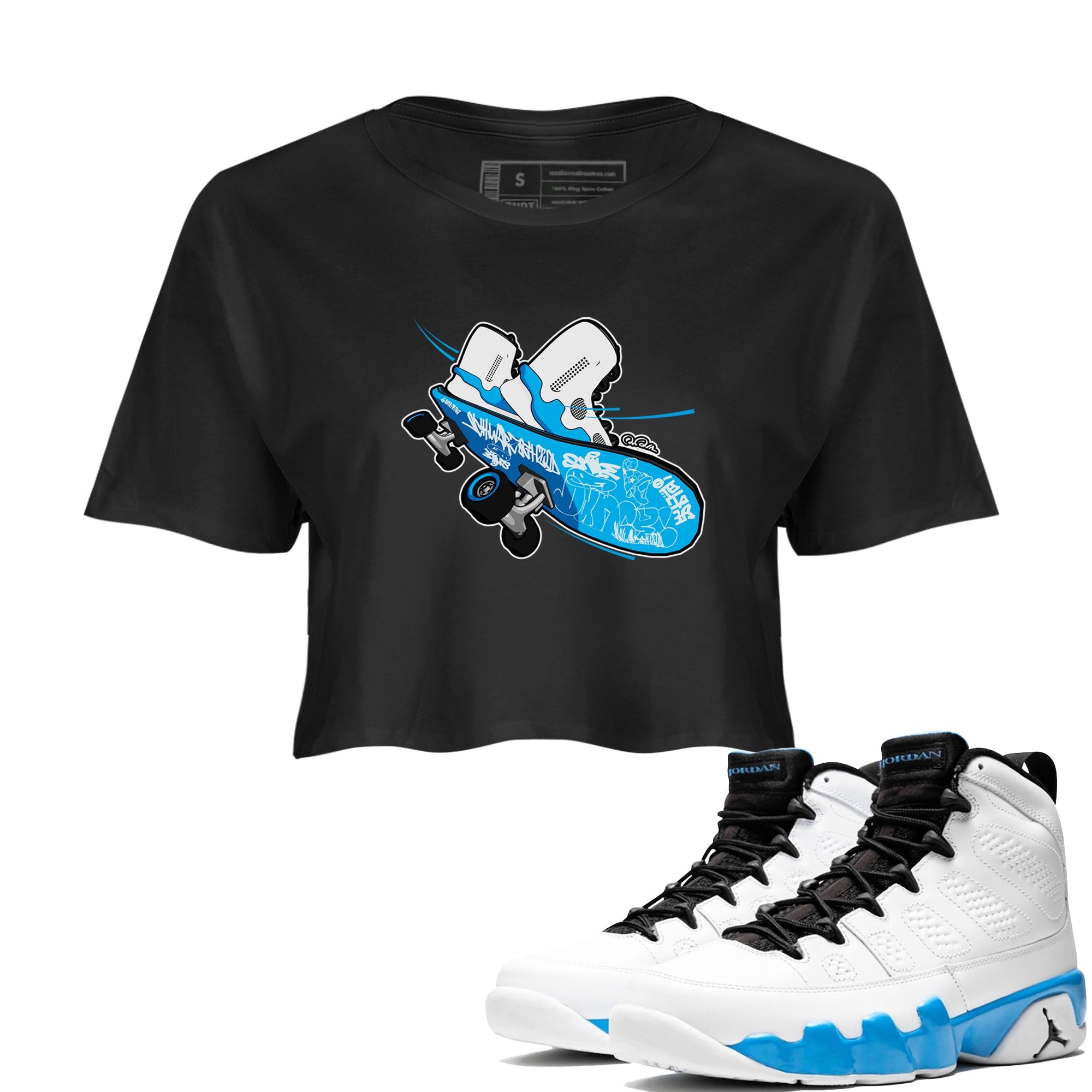 9s Powder Blue shirt to match jordans Skateboard sneaker tees Air Jordan 9 Powder Blue Drip Gear Zone Black 1 crop length shirt