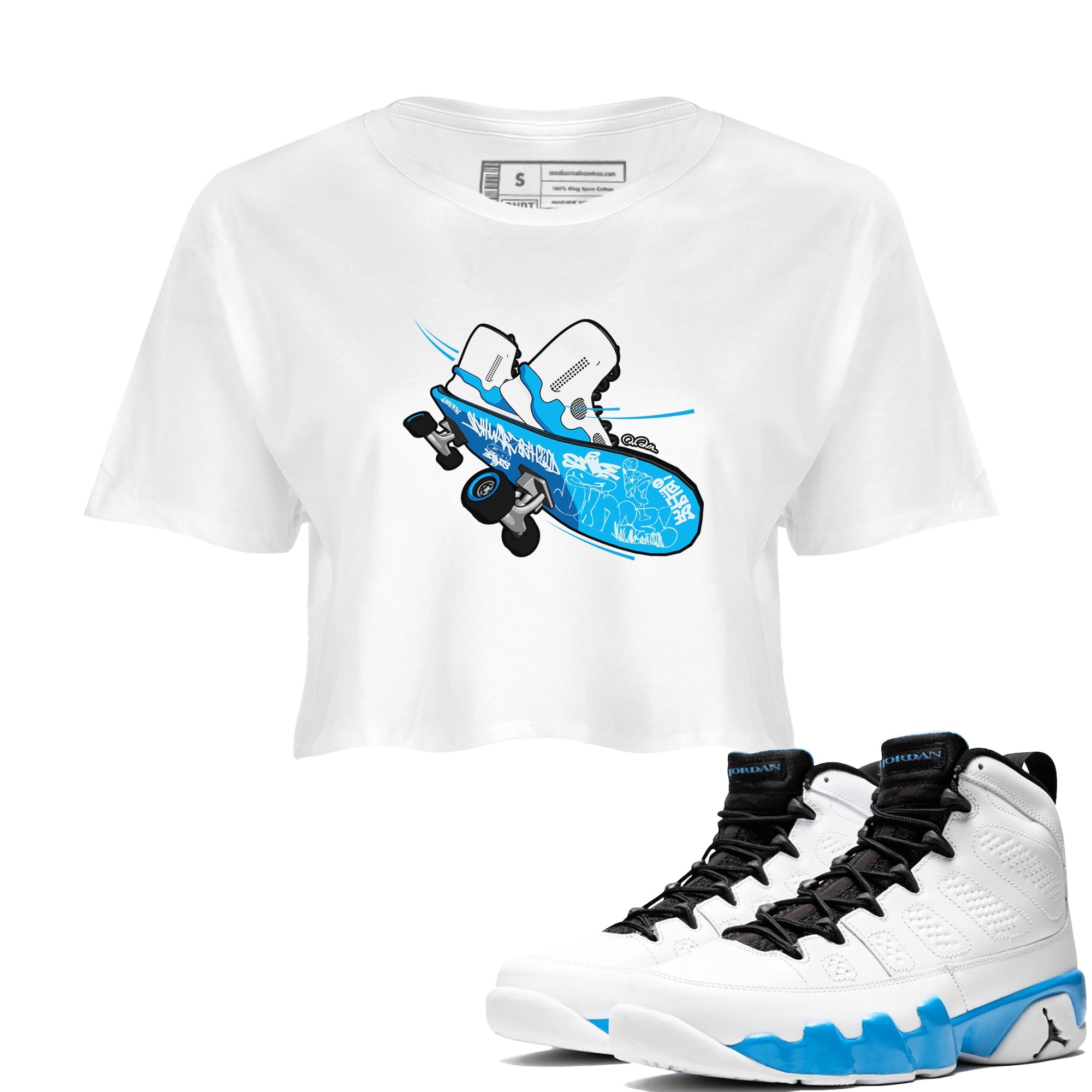 9s Powder Blue shirt to match jordans Skateboard sneaker tees Air Jordan 9 Powder Blue Drip Gear Zone White 1 crop length shirt