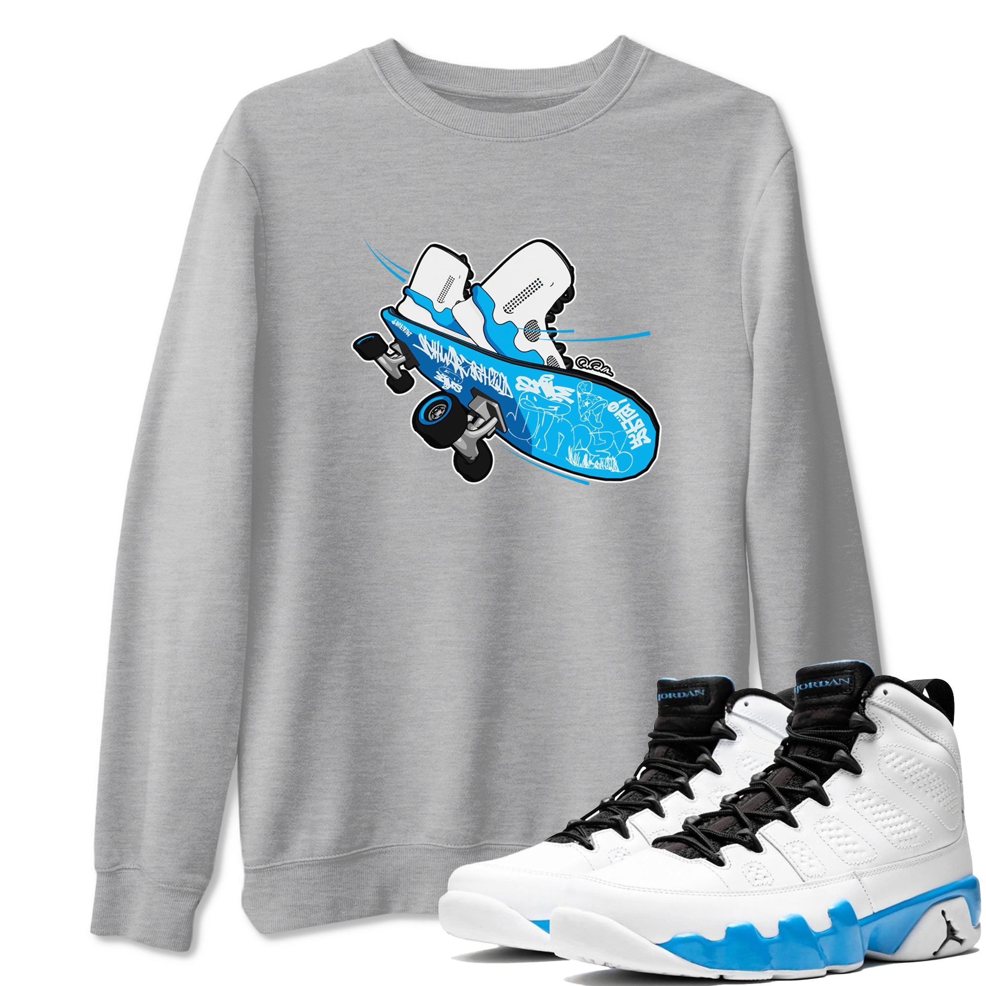 9s Powder Blue shirt to match jordans Skateboard sneaker tees Air Jordan 9 Powder Blue Drip Gear Zone unisex cotton Heather Grey 1 crew neck shirt