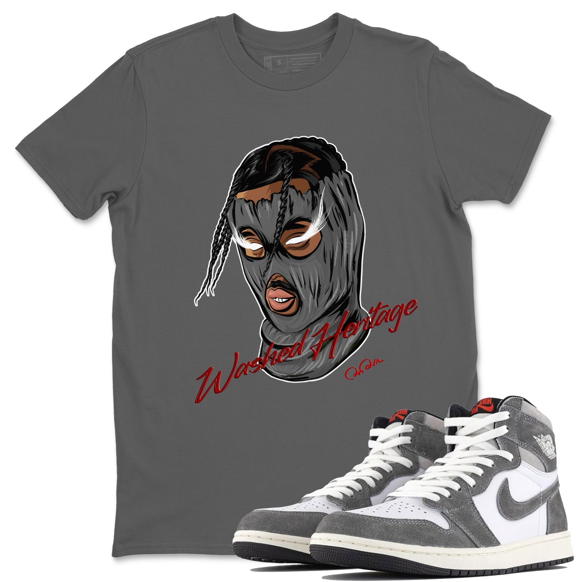 Air Jordan 1 Washed Heritage Ski Mask Gang Crew Neck Shirts AJ1 Washed Heritage Sneaker T-Shirts Washing and Care Tip