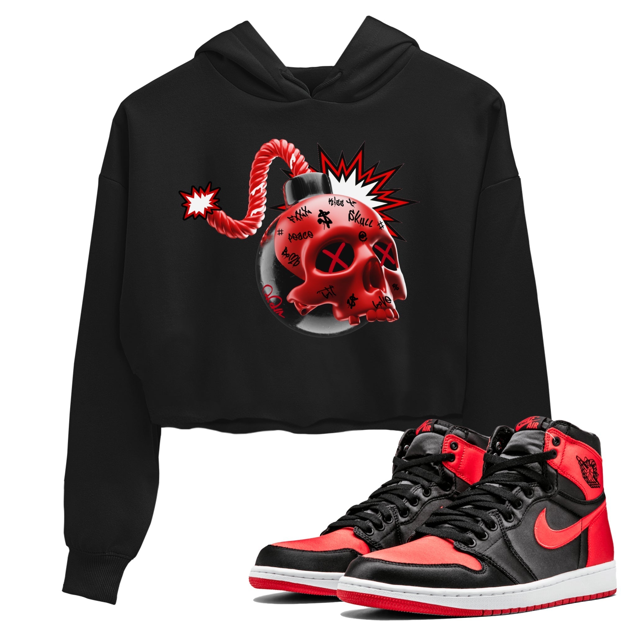 Air Jordan 1 Satin Bred Sneaker Match Tees Skull Bomb Streetwear Sneaker Shirt AJ1 Satin Bred Sneaker Release Tees Women's Shirts Black 1