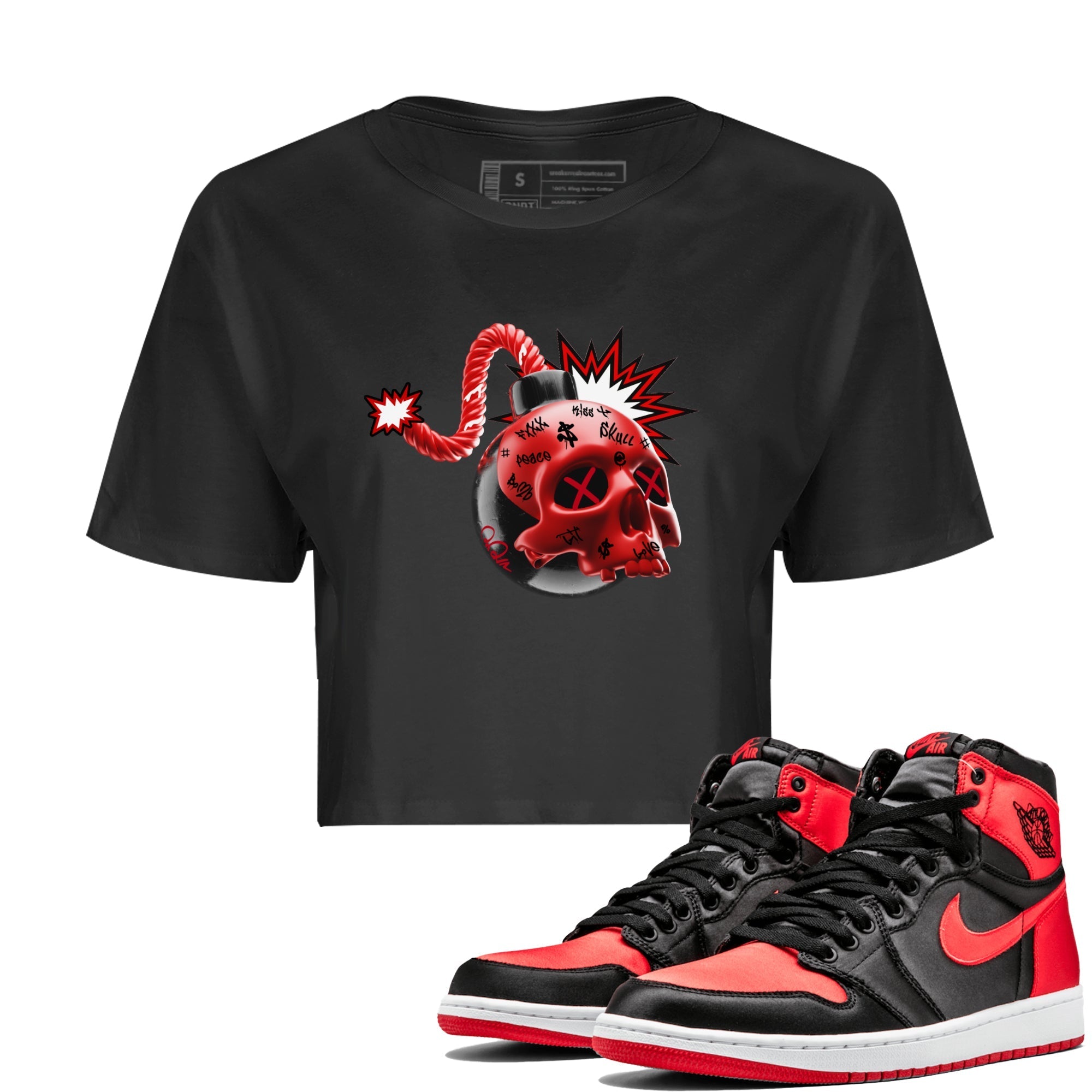 Air Jordan 1 Satin Bred Sneaker Match Tees Skull Bomb Streetwear Sneaker Shirt AJ1 Satin Bred Sneaker Release Tees Women's Shirts Black 1