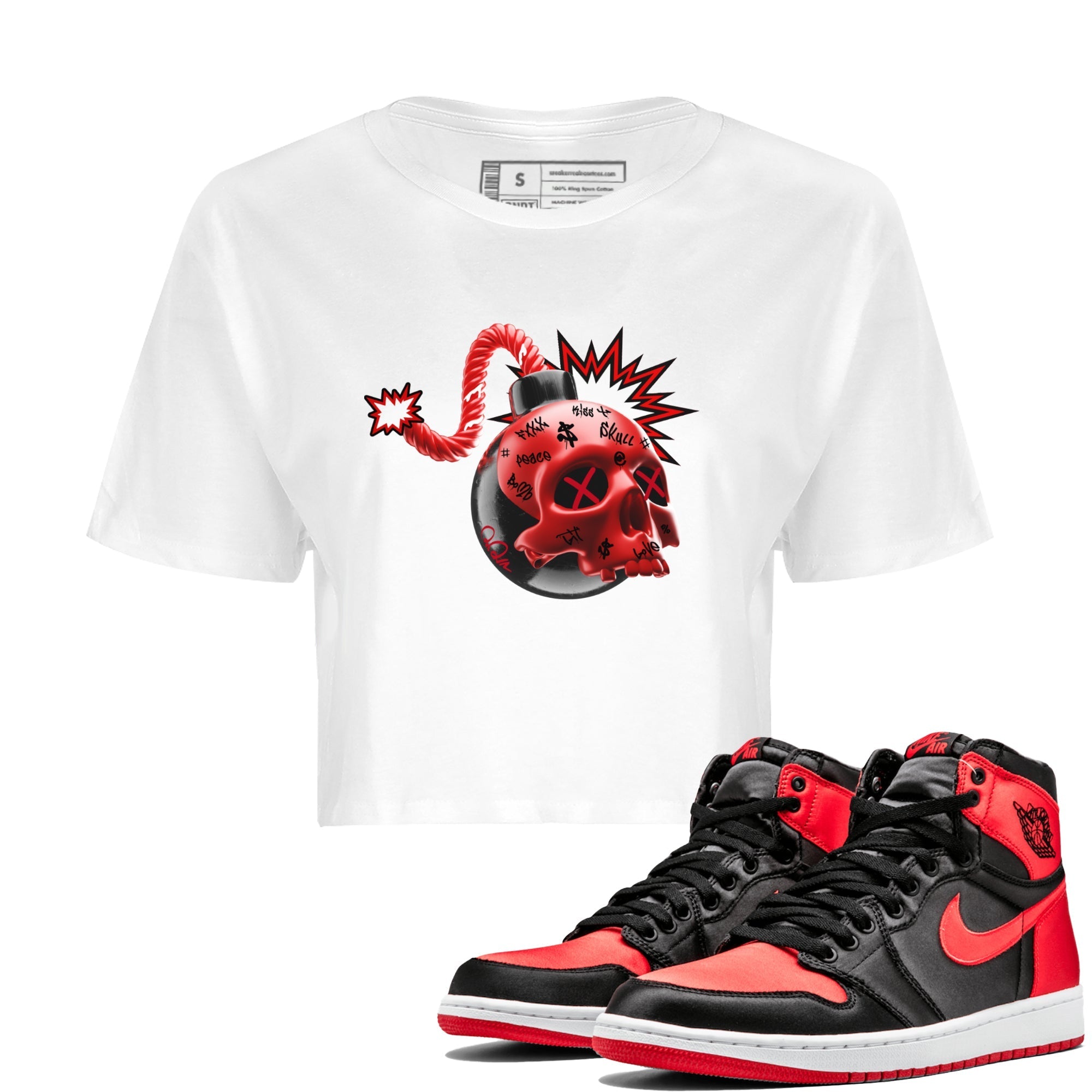 Air Jordan 1 Satin Bred Sneaker Match Tees Skull Bomb Streetwear Sneaker Shirt AJ1 Satin Bred Sneaker Release Tees Women's Shirts White 1