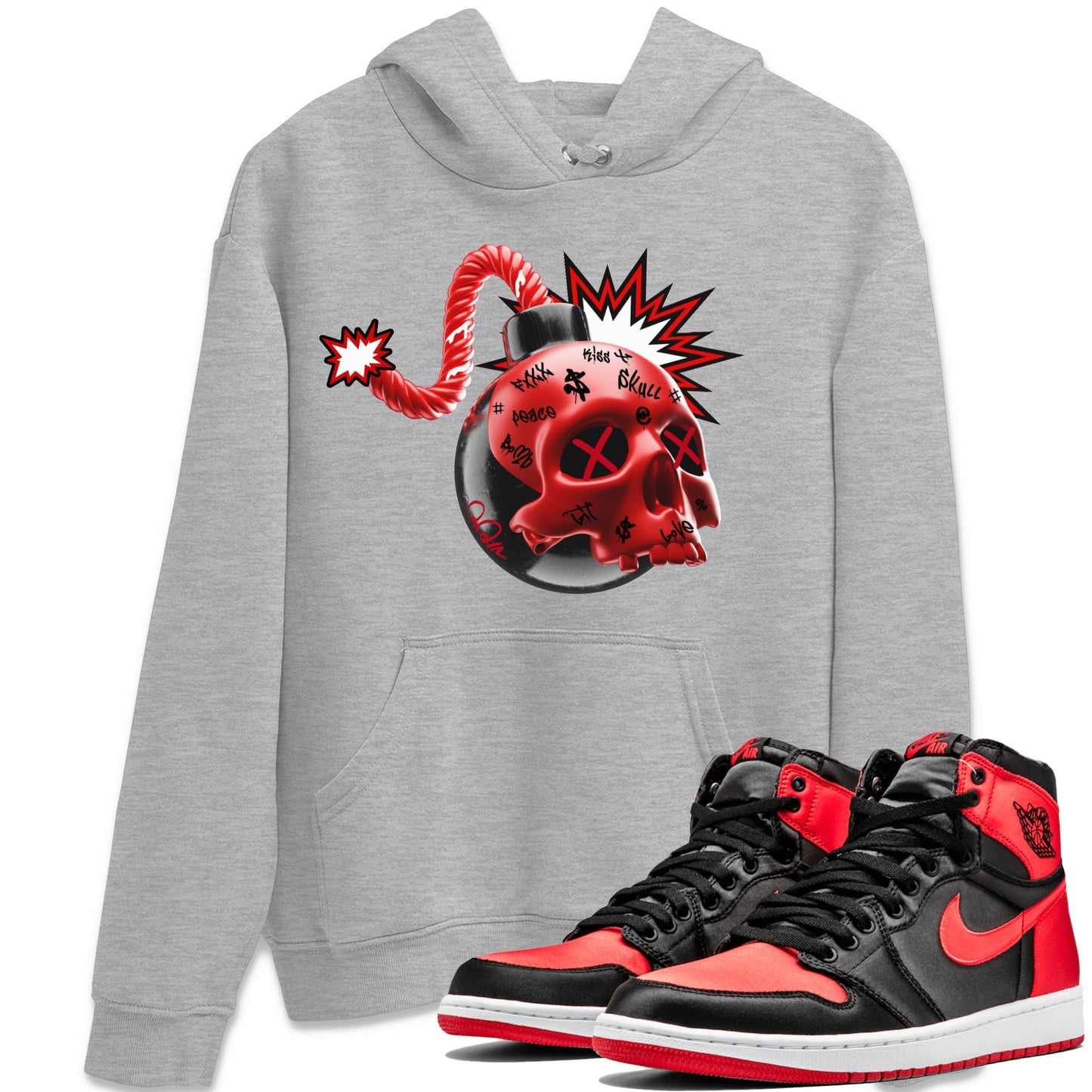 Air Jordan 1 Satin Bred Sneaker Match Tees Skull Bomb Streetwear Sneaker Shirt AJ1 Satin Bred Sneaker Release Tees Unisex Shirts Heather Grey 1
