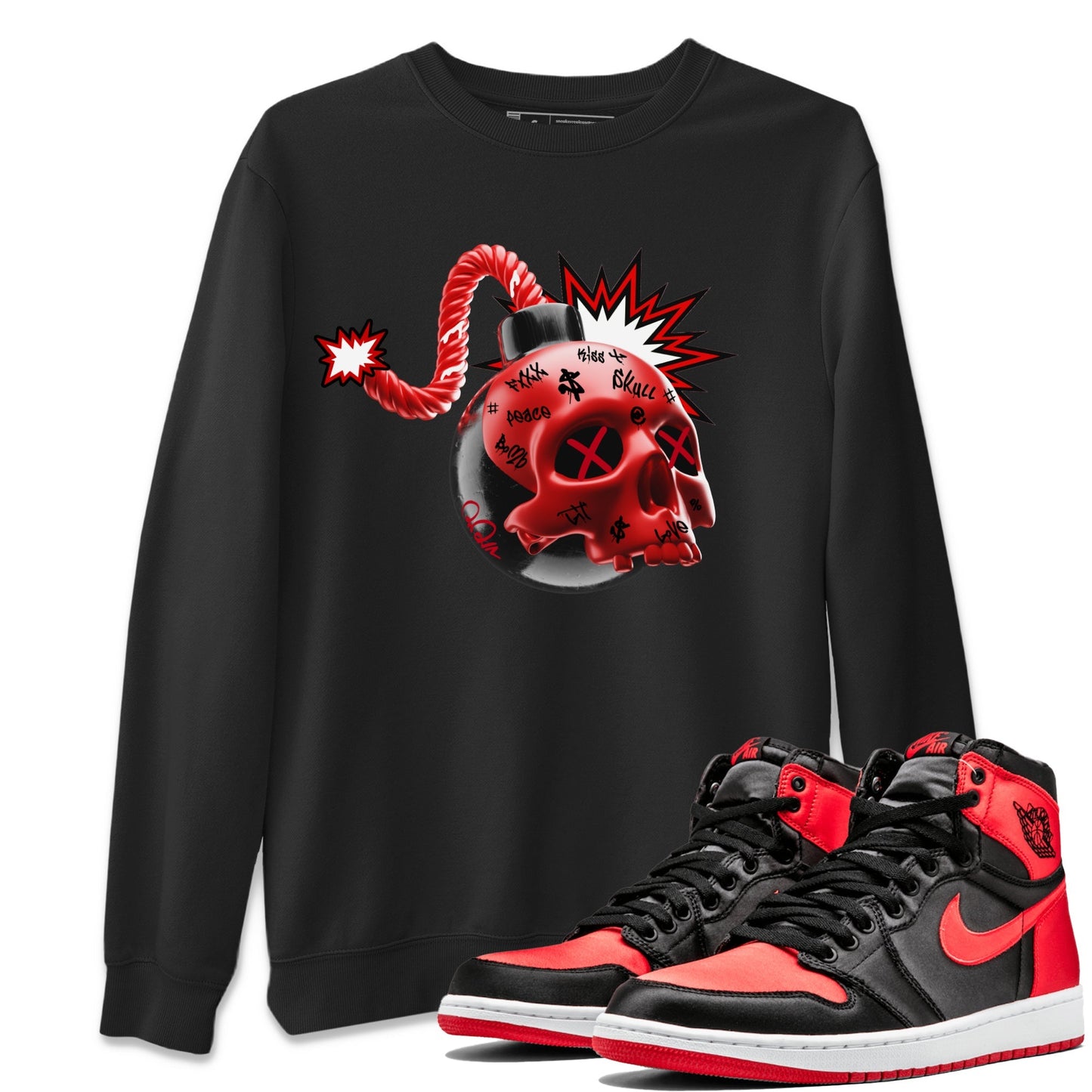 Air Jordan 1 Satin Bred Sneaker Match Tees Skull Bomb Streetwear Sneaker Shirt AJ1 Satin Bred Sneaker Release Tees Unisex Shirts Black 1