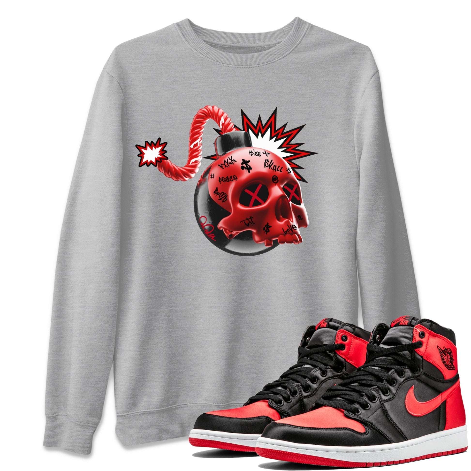 Air Jordan 1 Satin Bred Sneaker Match Tees Skull Bomb Streetwear Sneaker Shirt AJ1 Satin Bred Sneaker Release Tees Unisex Shirts Heather Grey 1