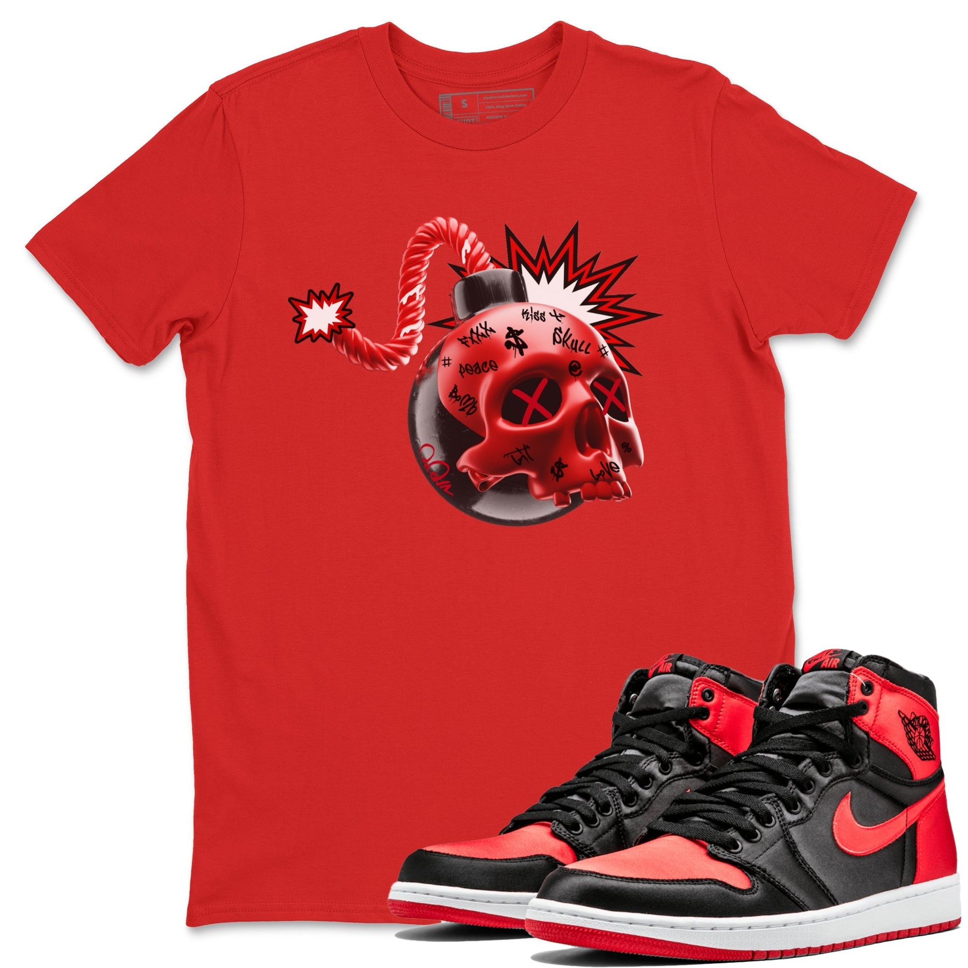 Air Jordan 1 Satin Bred Sneaker Match Tees Skull Bomb Streetwear Sneaker Shirt AJ1 Satin Bred Sneaker Release Tees Unisex Shirts Red 1