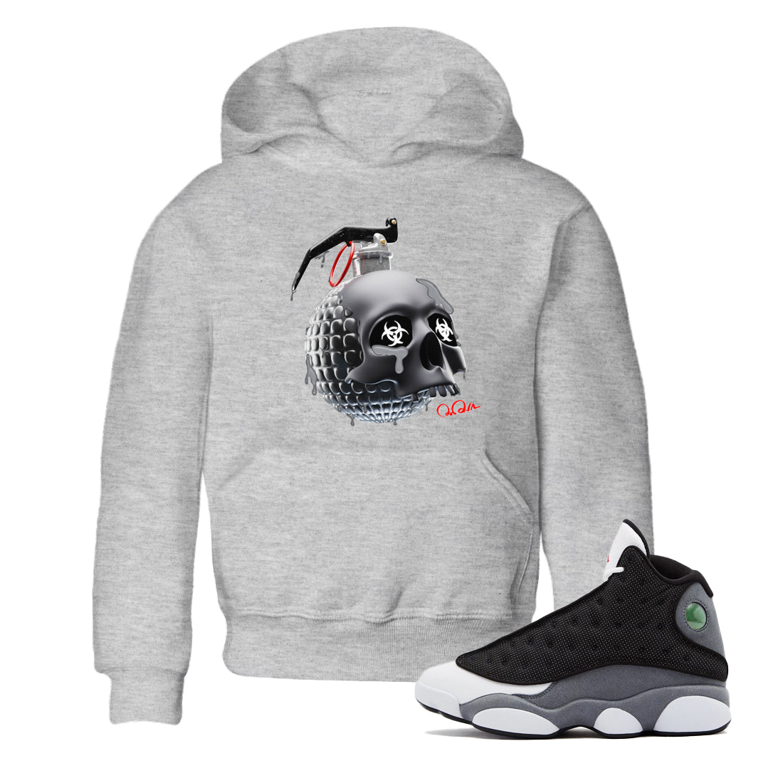 Air Jordan 13 Black Flint Sneaker Tees Drip Gear Zone Skull Bomb Sneaker Tees AJ13 Retro Black Flint Shirt Kids Shirts Heather Grey 1