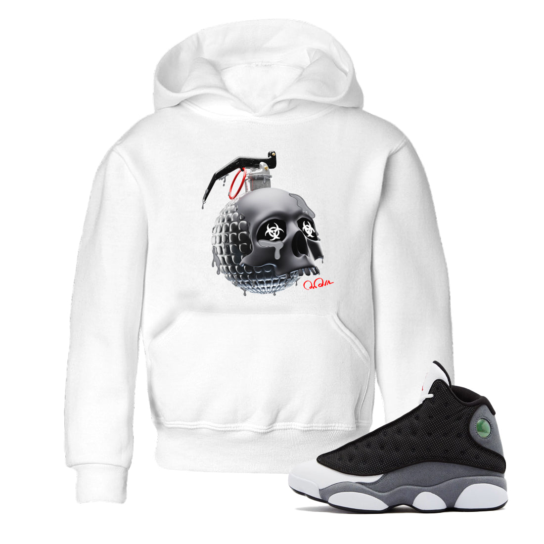 Air Jordan 13 Black Flint Sneaker Tees Drip Gear Zone Skull Bomb Sneaker Tees AJ13 Retro Black Flint Shirt Kids Shirts White 1