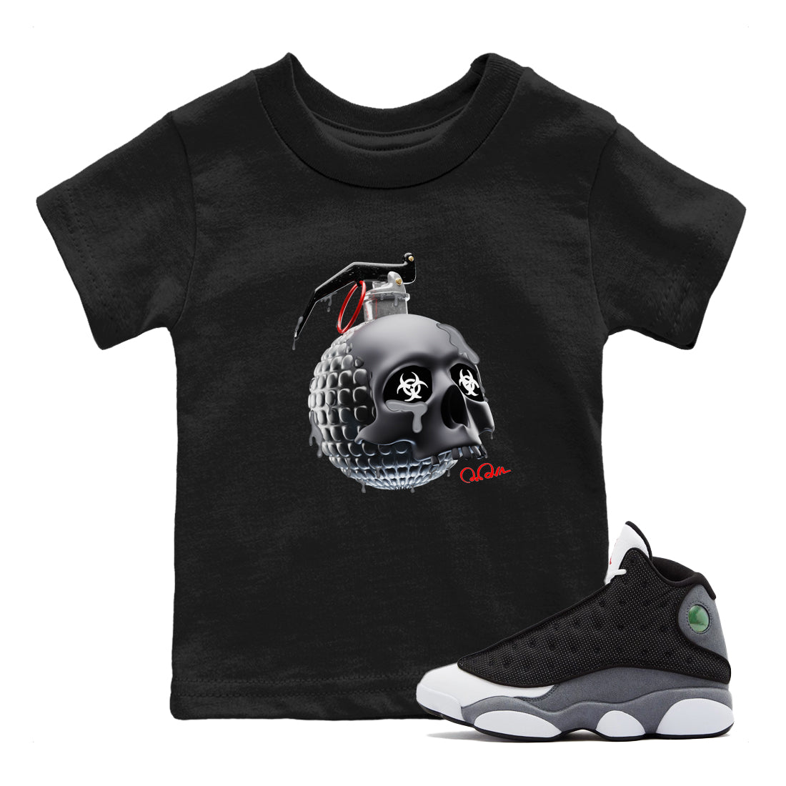 Air Jordan 13 Black Flint Sneaker Tees Drip Gear Zone Skull Bomb Sneaker Tees AJ13 Retro Black Flint Shirt Kids Shirts Black 1