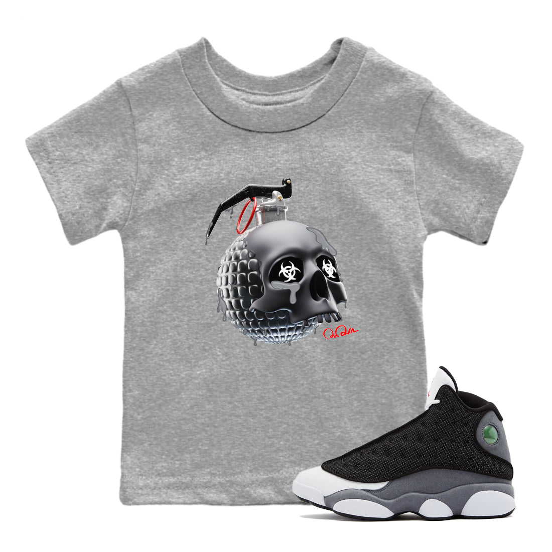 Air Jordan 13 Black Flint Sneaker Tees Drip Gear Zone Skull Bomb Sneaker Tees AJ13 Retro Black Flint Shirt Kids Shirts Heather Grey 1