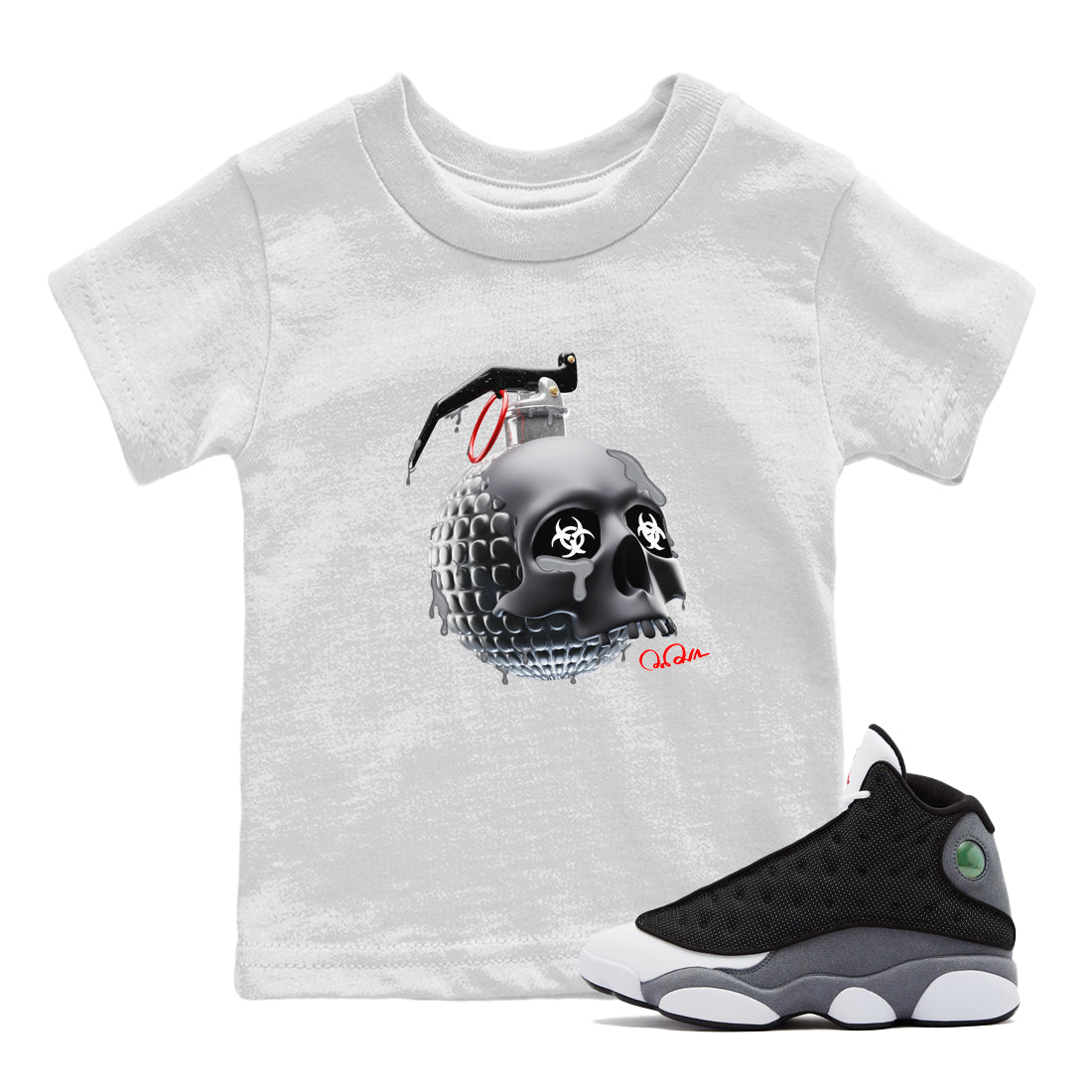 Air Jordan 13 Black Flint Sneaker Tees Drip Gear Zone Skull Bomb Sneaker Tees AJ13 Retro Black Flint Shirt Kids Shirts White 1