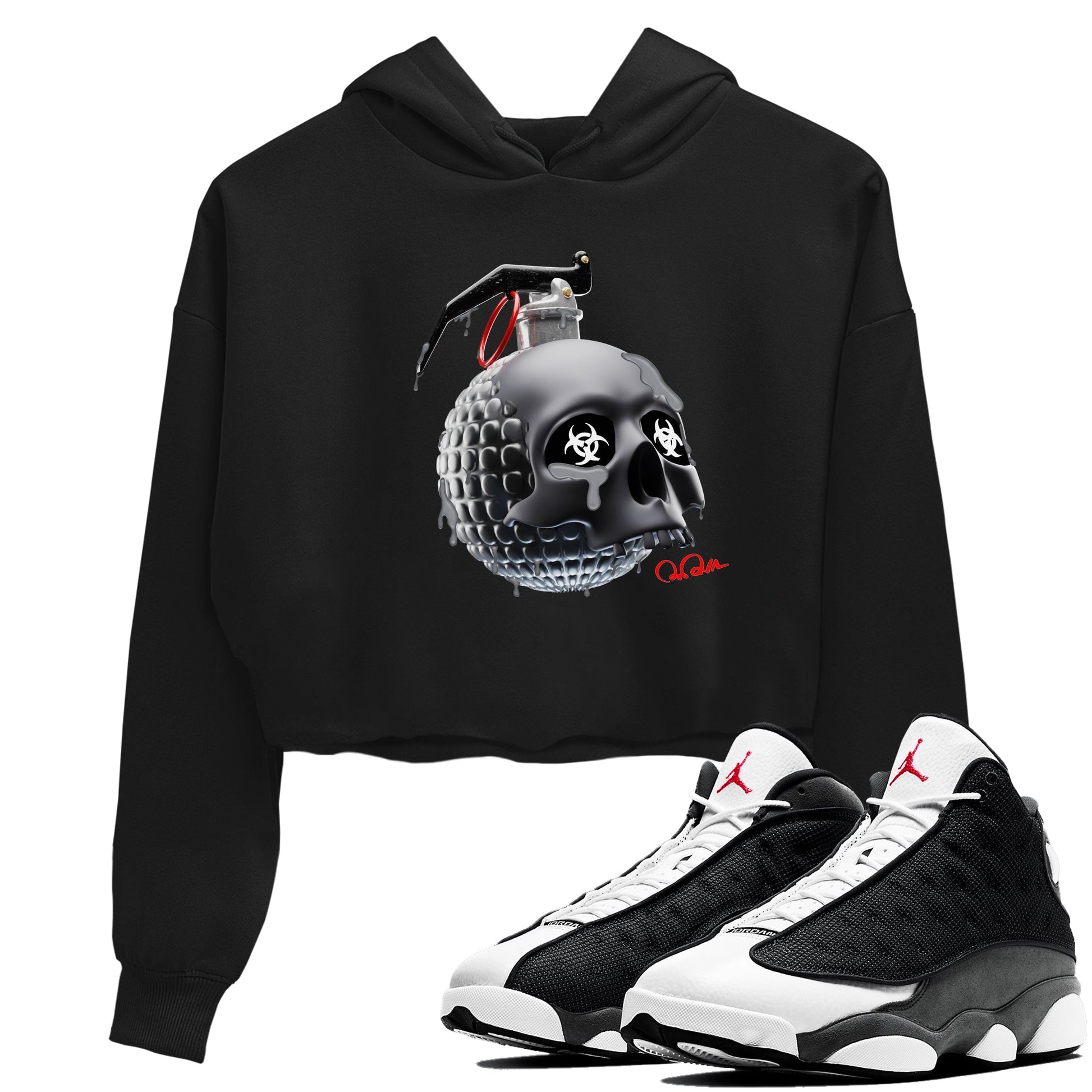 Air Jordan 13 Black Flint Sneaker Tees Drip Gear Zone Skull Bomb Sneaker Tees AJ13 Retro Black Flint Shirt Women's Shirts Black 1