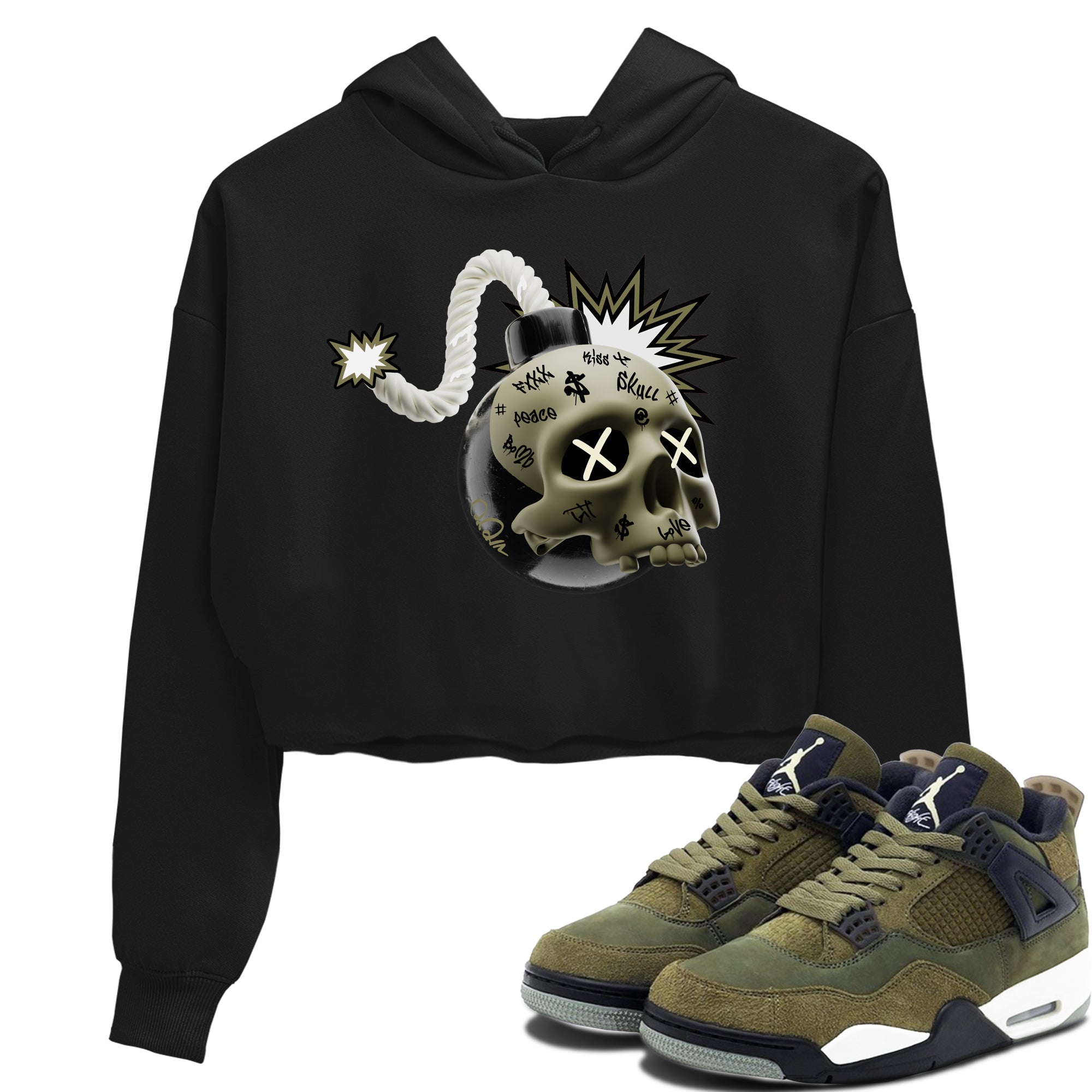 Air Jordan 4 Medium Olive shirt to match jordans streetwear brand Skull Bomb sneaker tees AJ4Medium Olive Drip Gear Zone Black 1 Crop T-Shirt