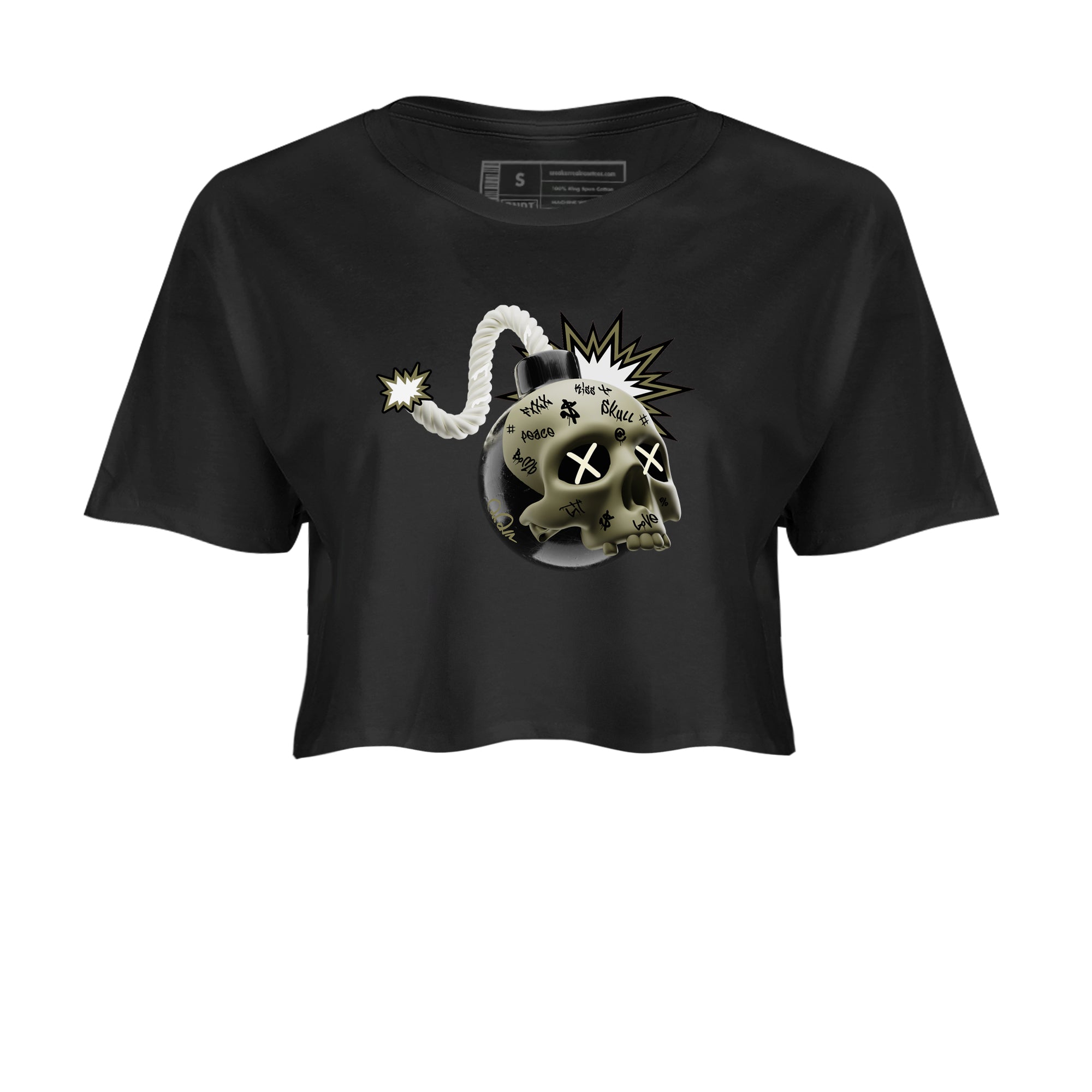 Air Jordan 4 Medium Olive shirt to match jordans streetwear brand Skull Bomb sneaker tees AJ4Medium Olive Drip Gear Zone Black 2 Crop T-Shirt