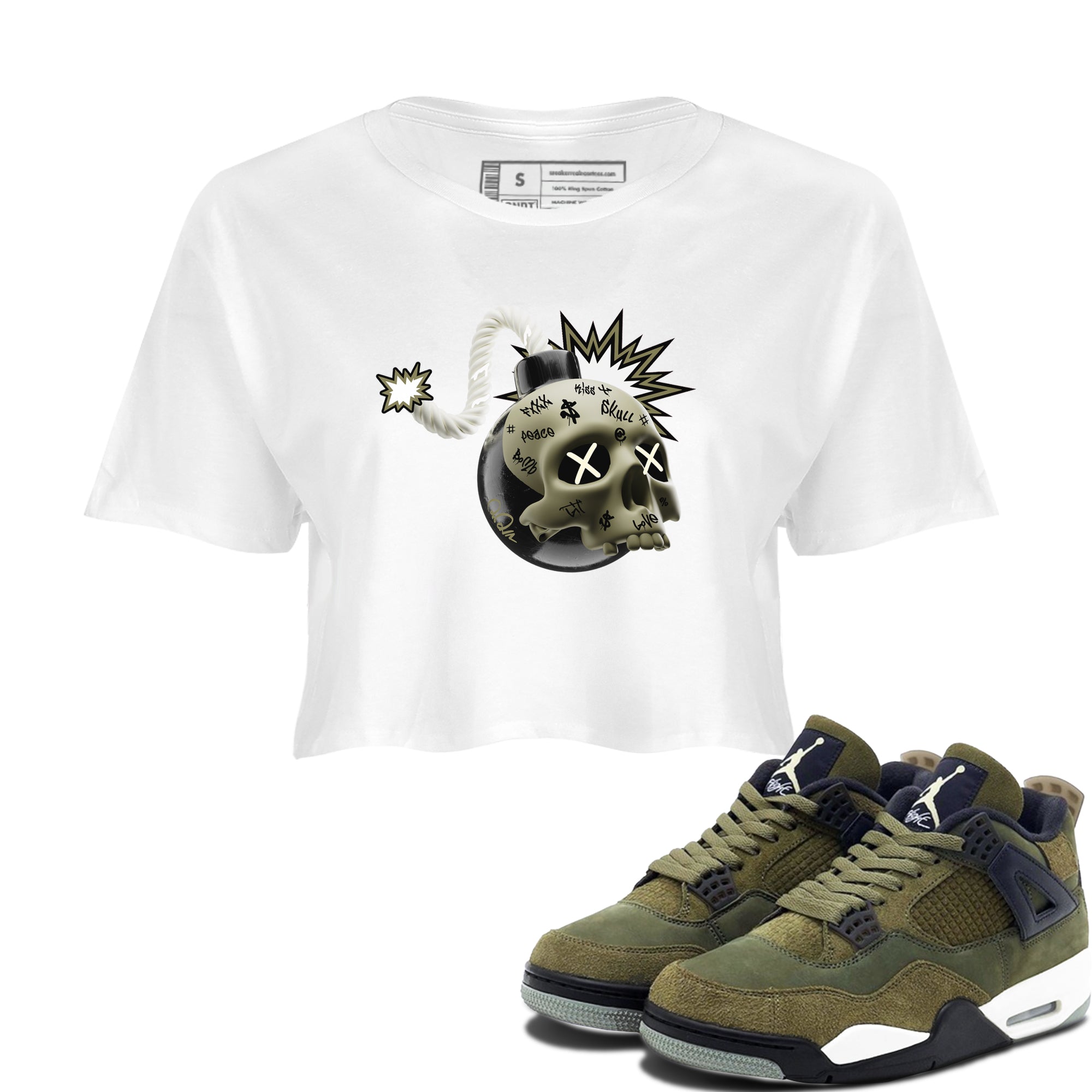 Air Jordan 4 Medium Olive shirt to match jordans streetwear brand Skull Bomb sneaker tees AJ4Medium Olive Drip Gear Zone White 1 Crop T-Shirt