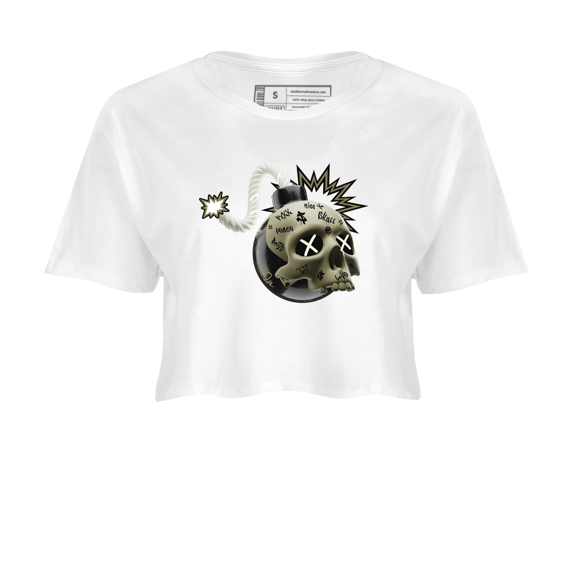 Air Jordan 4 Medium Olive shirt to match jordans streetwear brand Skull Bomb sneaker tees AJ4Medium Olive Drip Gear Zone White 2 Crop T-Shirt