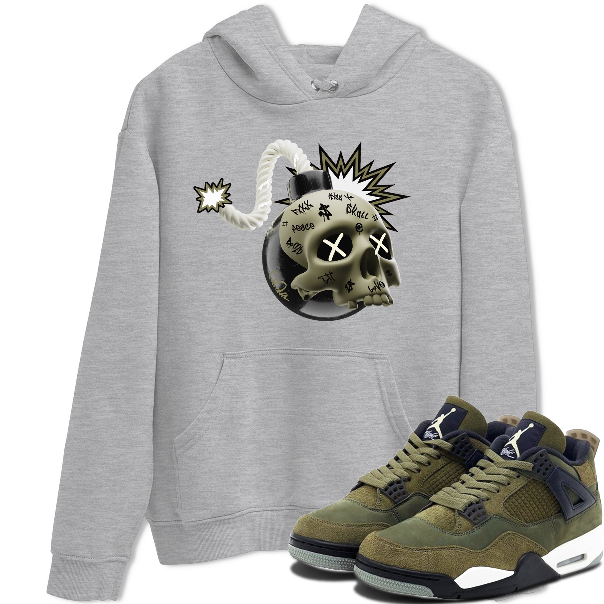 Air Jordan 4 Medium Olive shirt to match jordans streetwear brand Skull Bomb sneaker tees AJ4Medium Olive Drip Gear Zone Unisex Heather Grey 1 T-Shirt