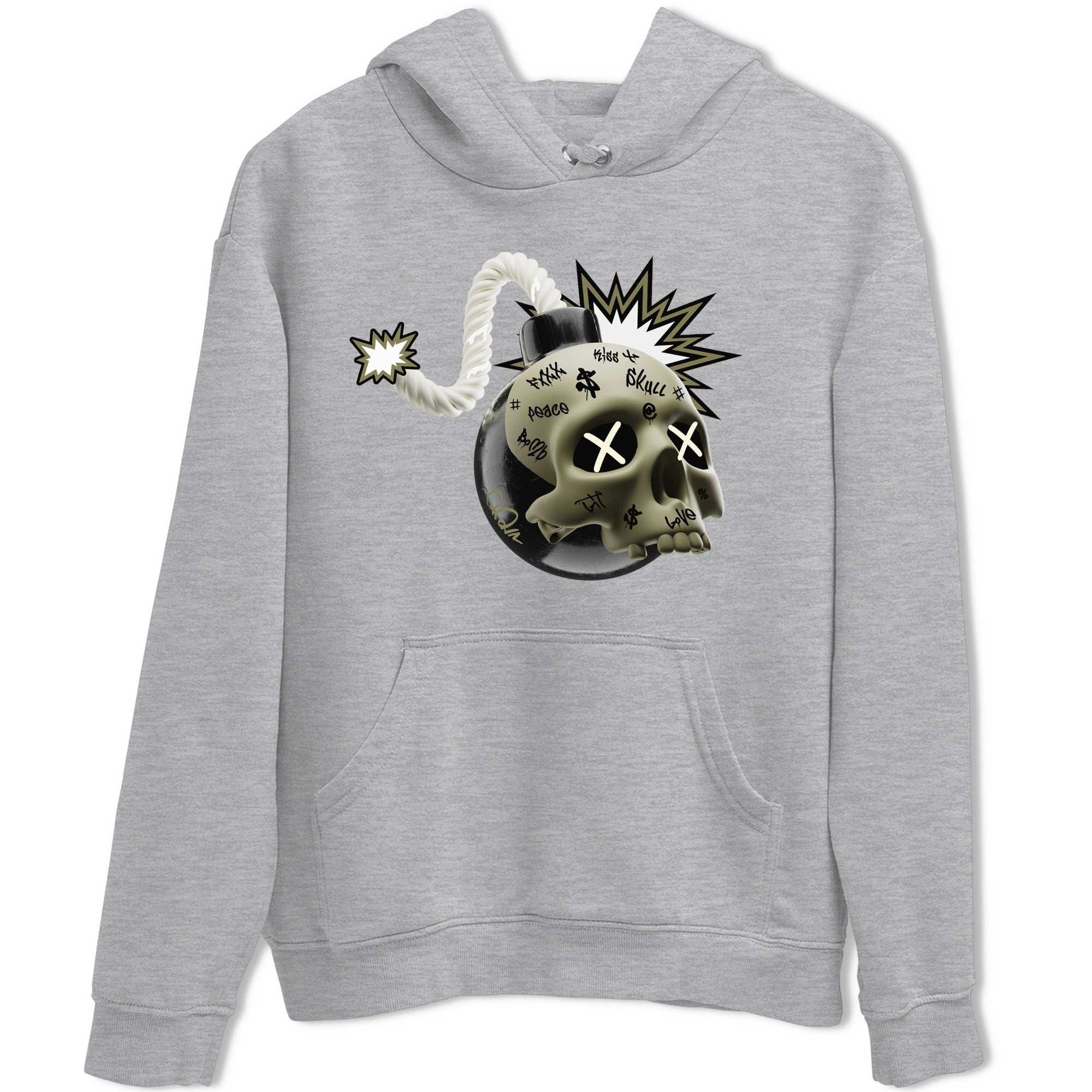 Air Jordan 4 Medium Olive shirt to match jordans streetwear brand Skull Bomb sneaker tees AJ4Medium Olive Drip Gear Zone Unisex Heather Grey 2 T-Shirt