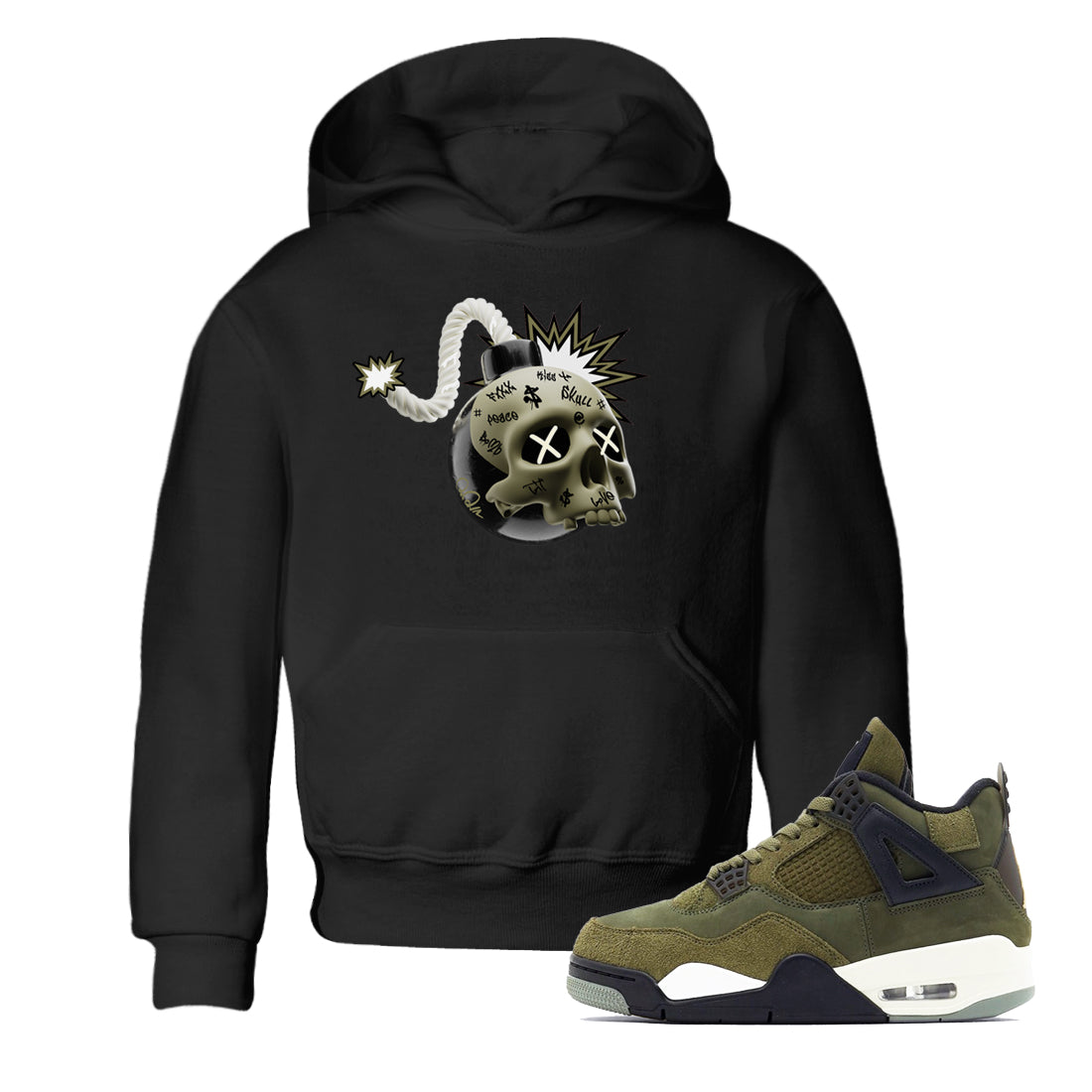 Air Jordan 4 Medium Olive shirt to match jordans streetwear brand Skull Bomb sneaker tees AJ4Medium Olive Drip Gear Zone Baby Toddler Black 1 T-Shirt