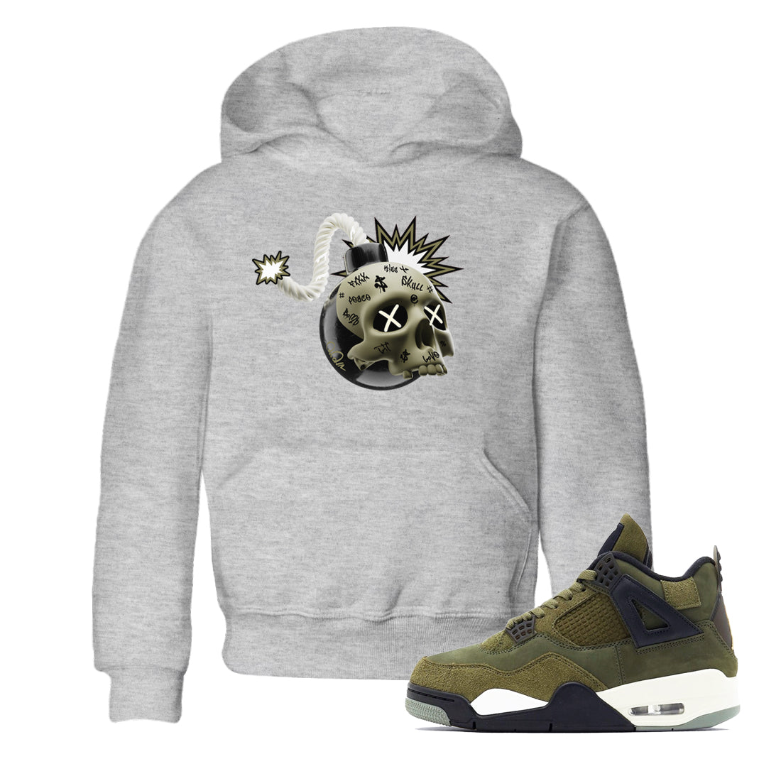 Air Jordan 4 Medium Olive shirt to match jordans streetwear brand Skull Bomb sneaker tees AJ4Medium Olive Drip Gear Zone Baby Toddler Heather Grey 1 T-Shirt