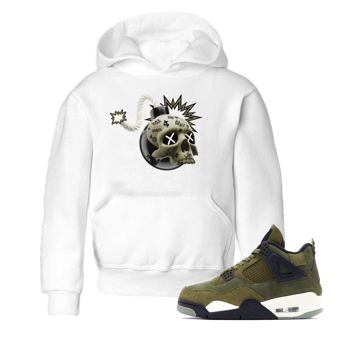 Air Jordan 4 Medium Olive shirt to match jordans streetwear brand Skull Bomb sneaker tees AJ4Medium Olive Drip Gear Zone Baby Toddler White 1 T-Shirt