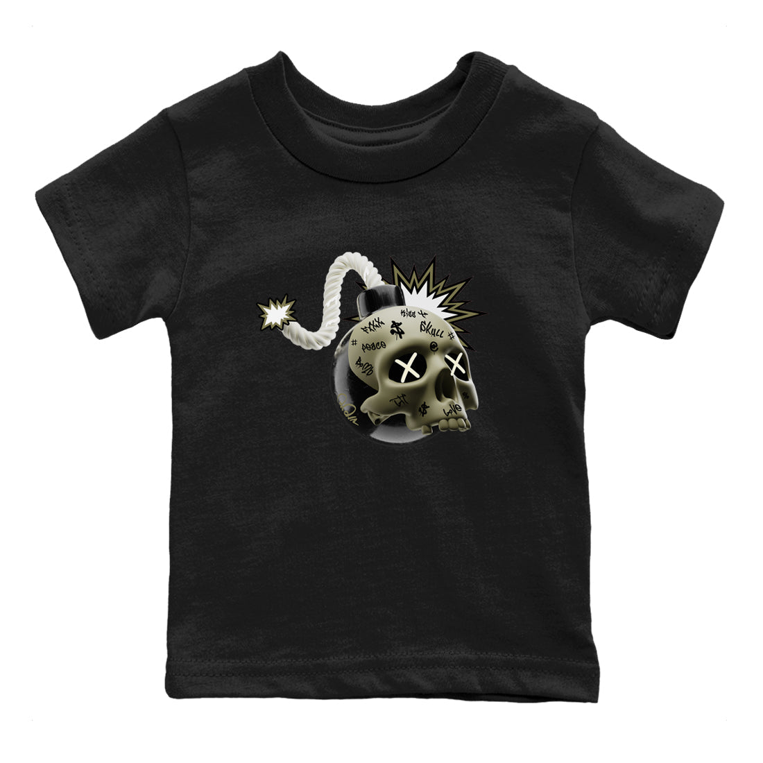Air Jordan 4 Medium Olive shirt to match jordans streetwear brand Skull Bomb sneaker tees AJ4Medium Olive Drip Gear Zone Baby Toddler Black 2 T-Shirt