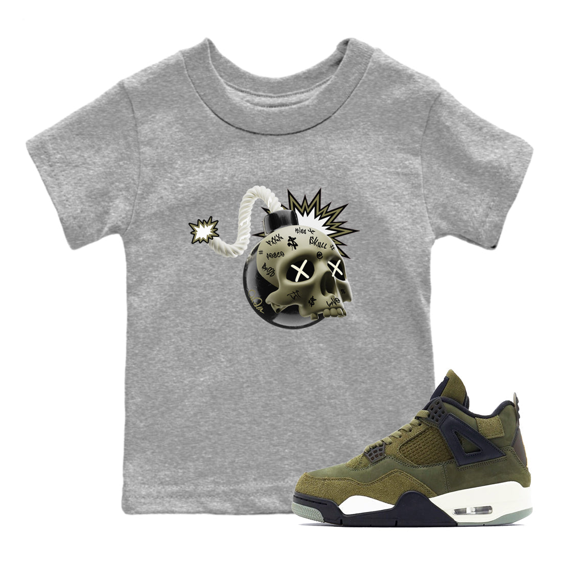 Air Jordan 4 Medium Olive shirt to match jordans streetwear brand Skull Bomb sneaker tees AJ4Medium Olive Drip Gear Zone Baby Toddler Heather Grey 1 T-Shirt