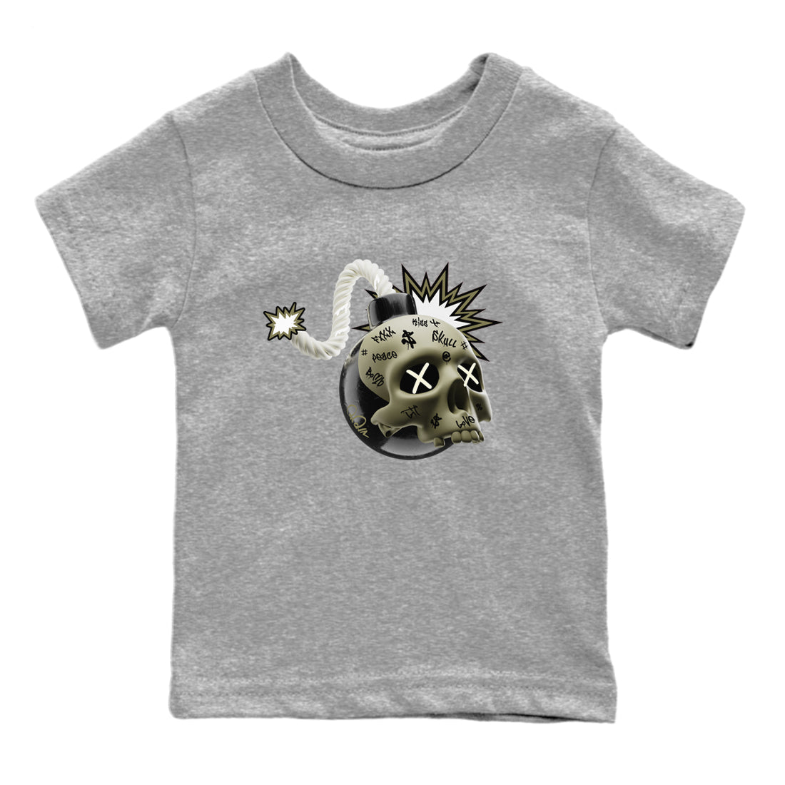 Air Jordan 4 Medium Olive shirt to match jordans streetwear brand Skull Bomb sneaker tees AJ4Medium Olive Drip Gear Zone Baby Toddler Heather Grey 2 T-Shirt