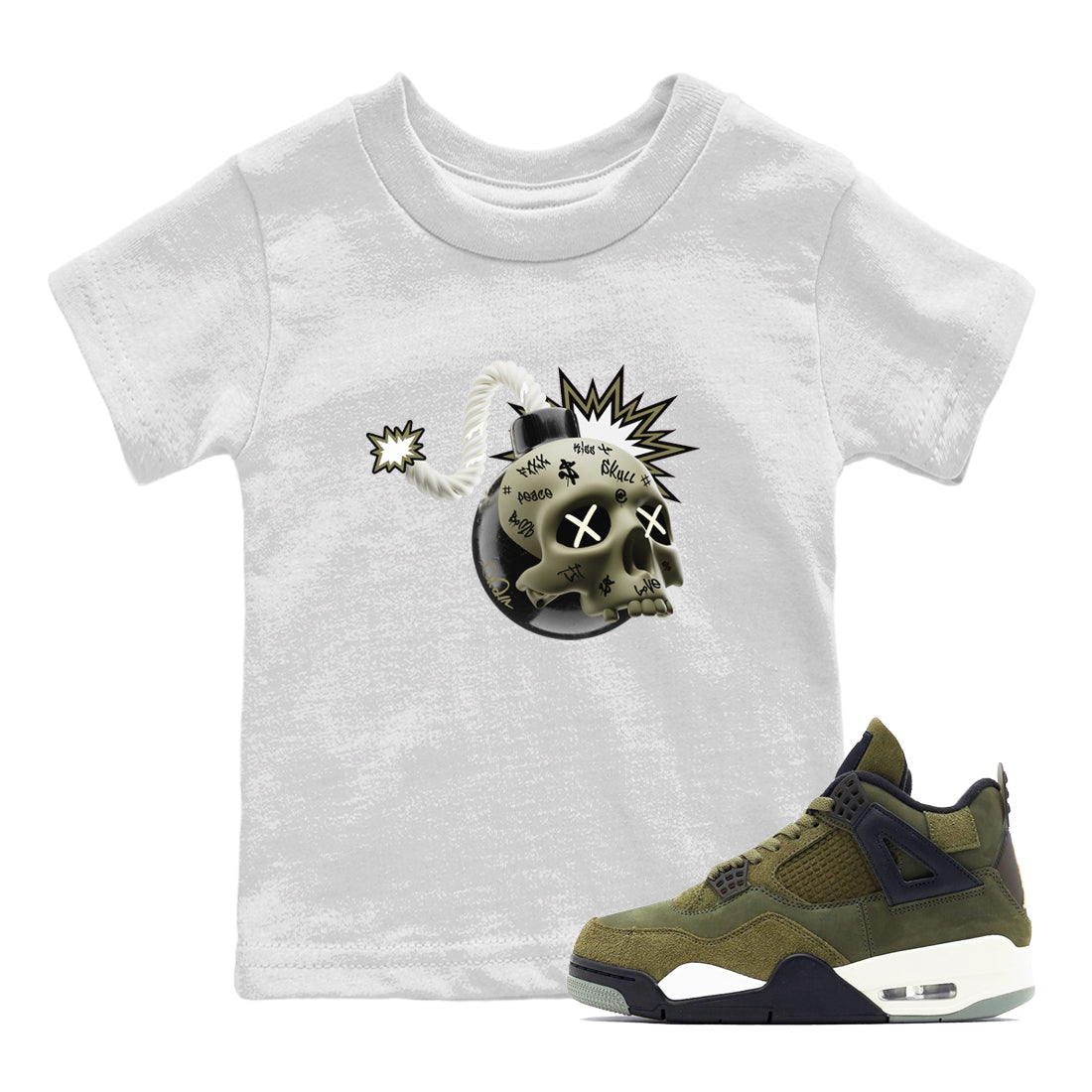 Air Jordan 4 Medium Olive shirt to match jordans streetwear brand Skull Bomb sneaker tees AJ4Medium Olive Drip Gear Zone Baby Toddler White 1 T-Shirt
