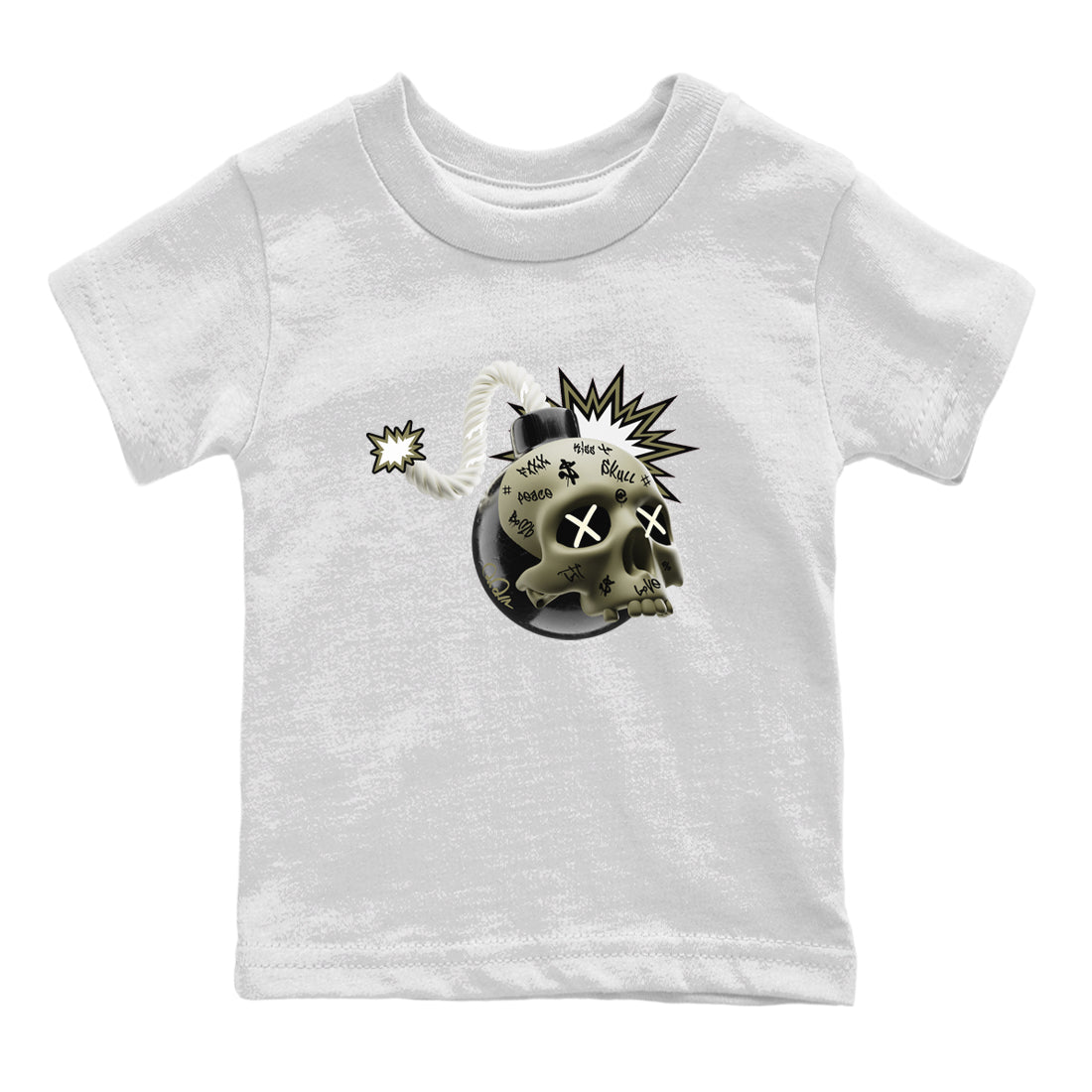 Air Jordan 4 Medium Olive shirt to match jordans streetwear brand Skull Bomb sneaker tees AJ4Medium Olive Drip Gear Zone Baby Toddler White 2 T-Shirt