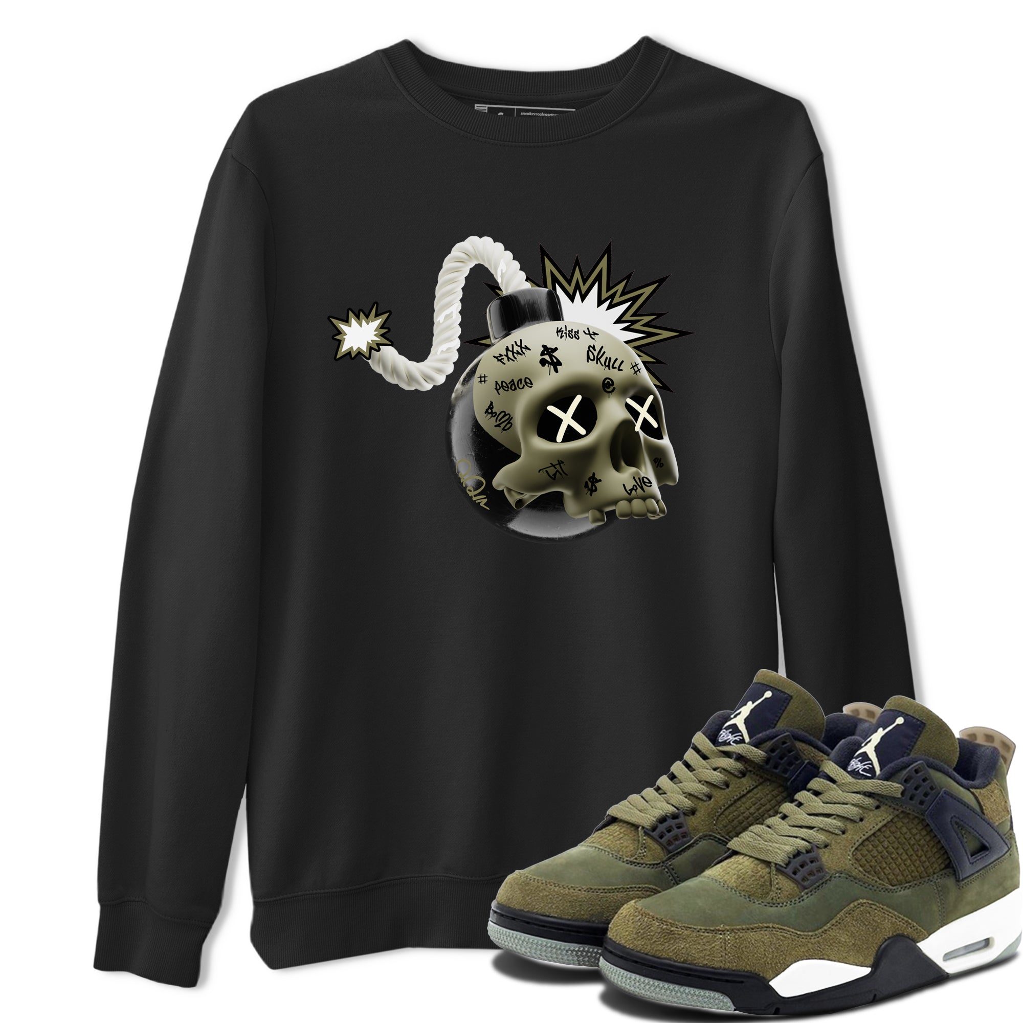 Air Jordan 4 Medium Olive shirt to match jordans streetwear brand Skull Bomb sneaker tees AJ4Medium Olive Drip Gear Zone Unisex Black 1 T-Shirt