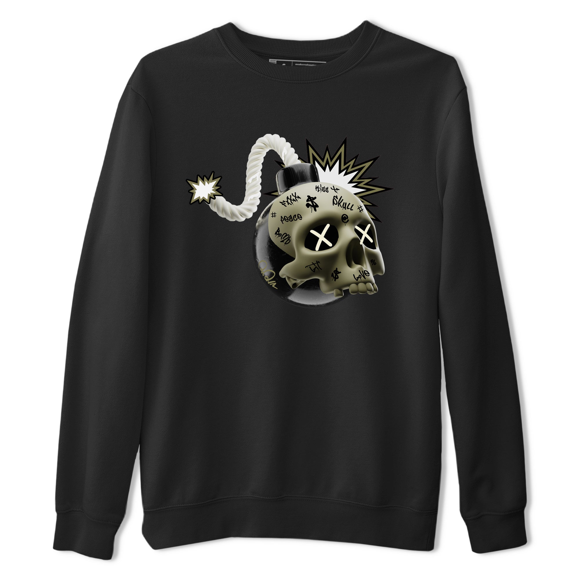 Air Jordan 4 Medium Olive shirt to match jordans streetwear brand Skull Bomb sneaker tees AJ4Medium Olive Drip Gear Zone Unisex Black 2 T-Shirt