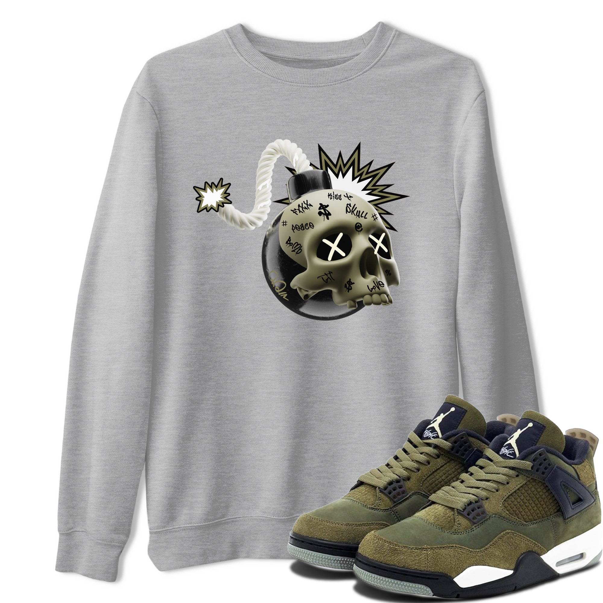 Air Jordan 4 Medium Olive shirt to match jordans streetwear brand Skull Bomb sneaker tees AJ4Medium Olive Drip Gear Zone Unisex Heather Grey 1 T-Shirt