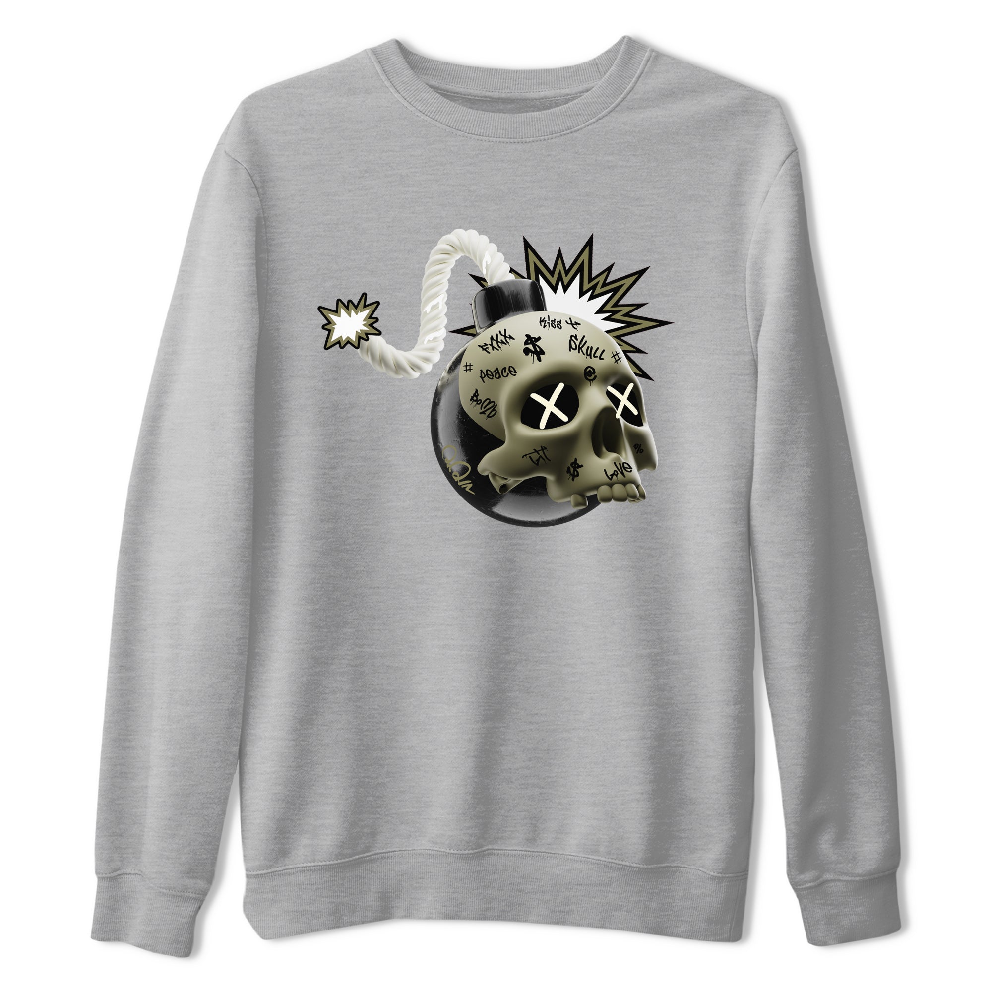 Air Jordan 4 Medium Olive shirt to match jordans streetwear brand Skull Bomb sneaker tees AJ4Medium Olive Drip Gear Zone Unisex Heather Grey 2 T-Shirt