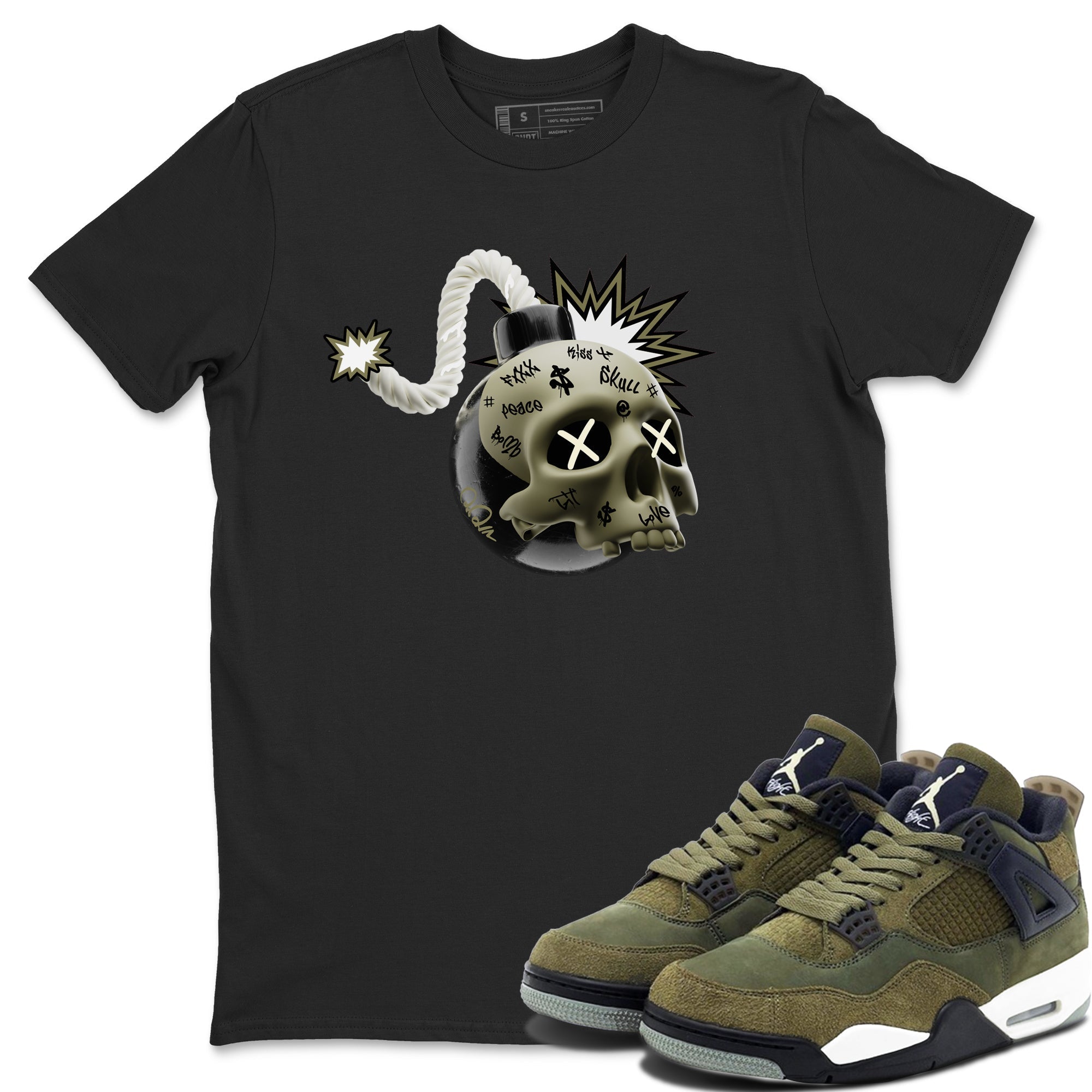 Air Jordan 4 Medium Olive shirt to match jordans streetwear brand Skull Bomb sneaker tees AJ4Medium Olive Drip Gear Zone Unisex Black 1 T-Shirt