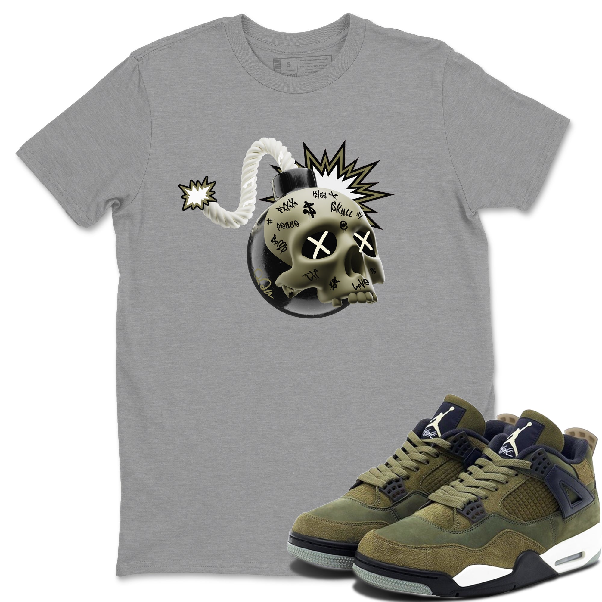 Air Jordan 4 Medium Olive shirt to match jordans streetwear brand Skull Bomb sneaker tees AJ4Medium Olive Drip Gear Zone Unisex Heather Grey 1 T-Shirt