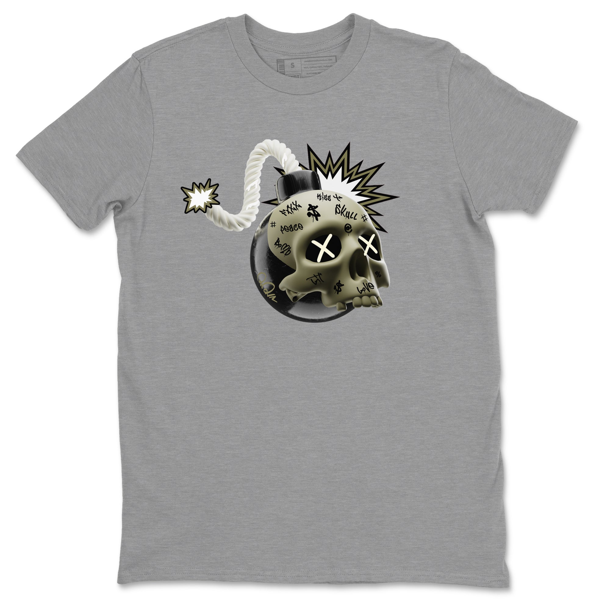 Air Jordan 4 Medium Olive shirt to match jordans streetwear brand Skull Bomb sneaker tees AJ4Medium Olive Drip Gear Zone Unisex Heather Grey 2 T-Shirt