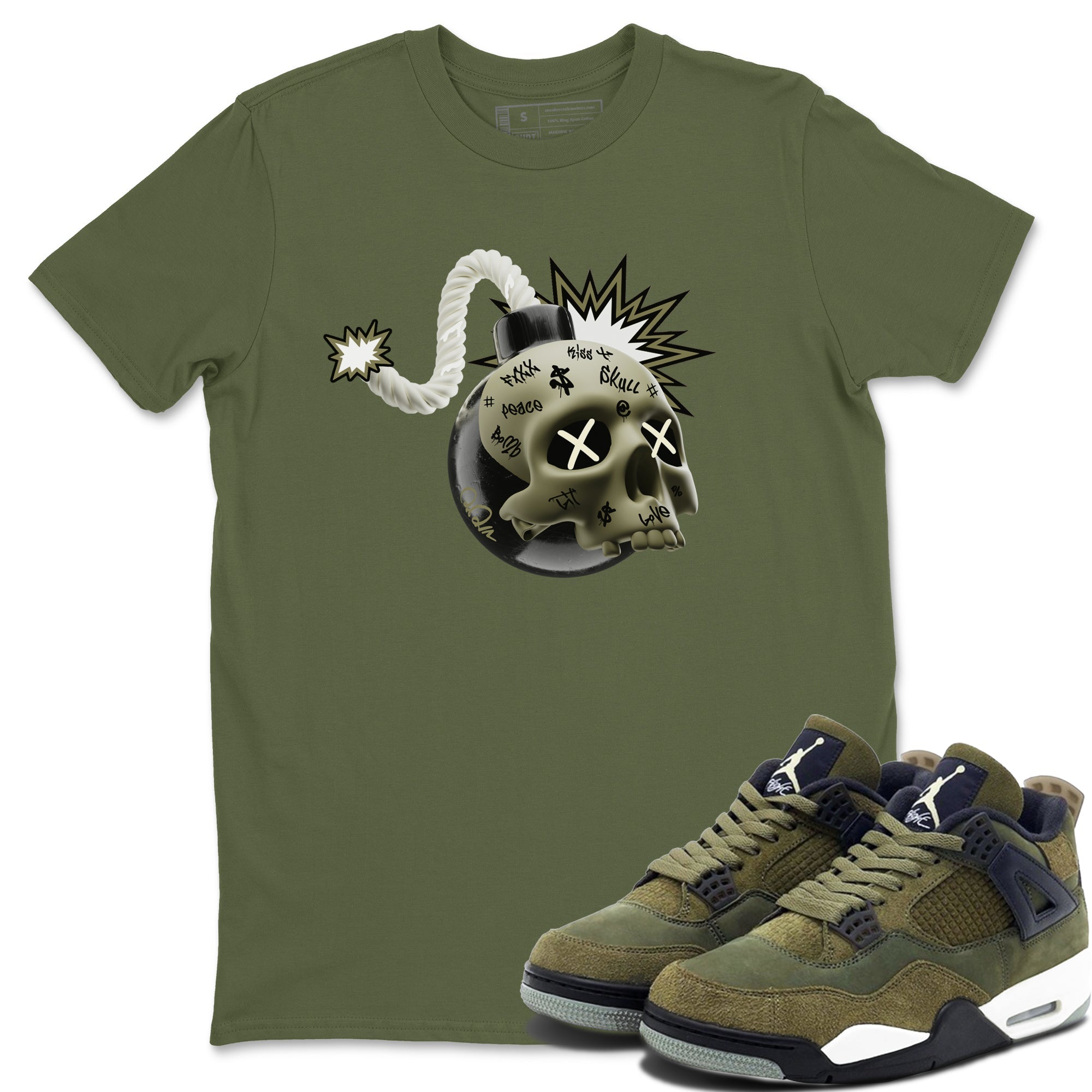 Air Jordan 4 Medium Olive shirt to match jordans streetwear brand Skull Bomb sneaker tees AJ4Medium Olive Drip Gear Zone Unisex Military Green 1 T-Shirt