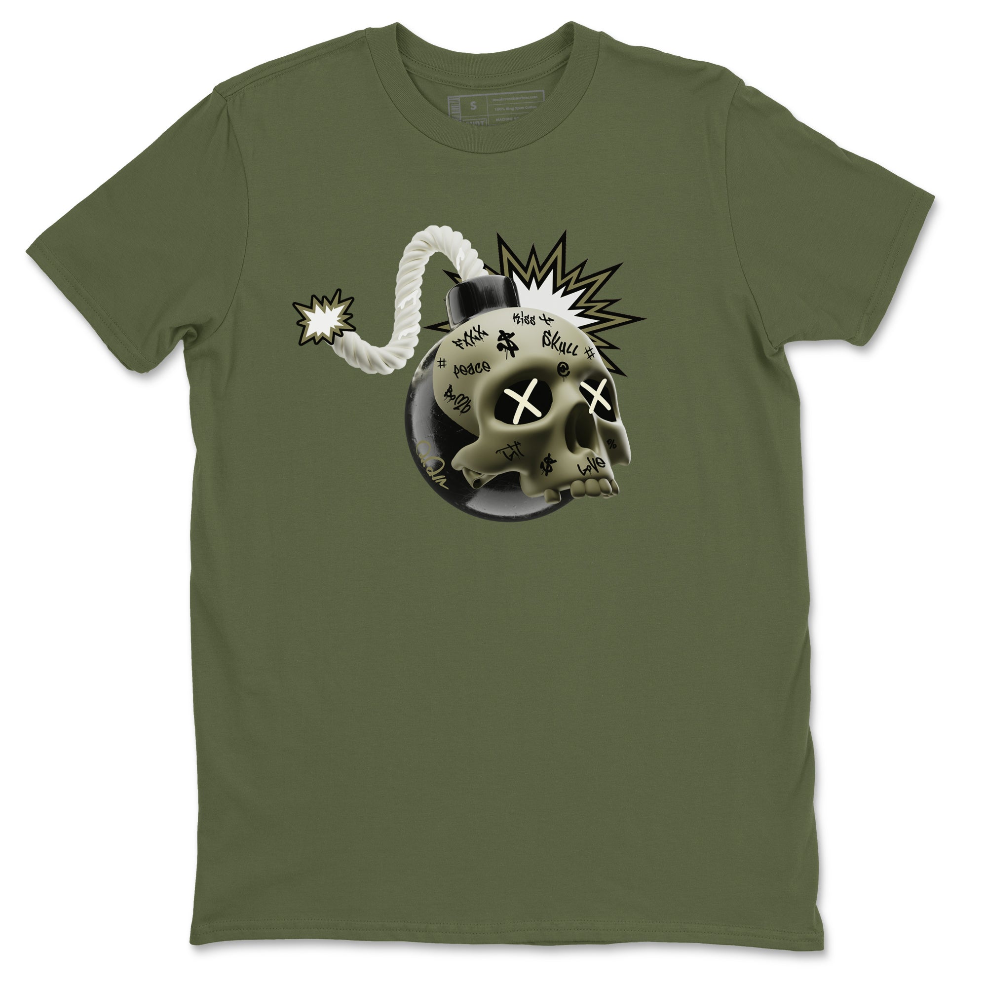 Air Jordan 4 Medium Olive shirt to match jordans streetwear brand Skull Bomb sneaker tees AJ4Medium Olive Drip Gear Zone Unisex Military Green 2 T-Shirt