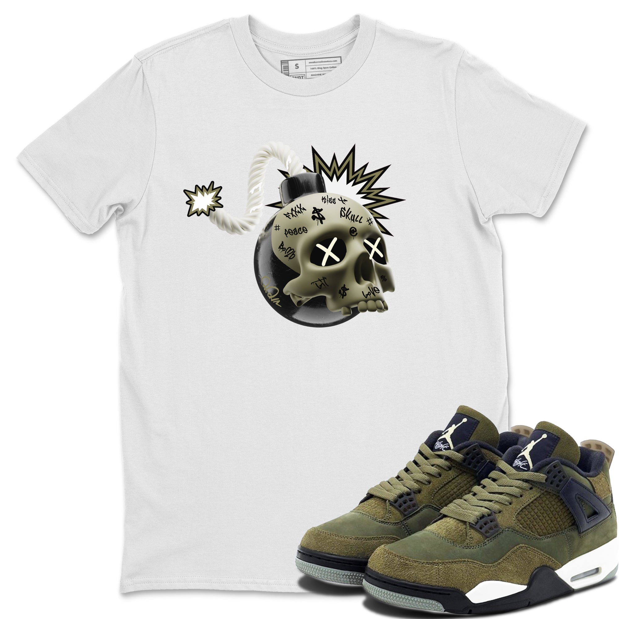 Air Jordan 4 Medium Olive shirt to match jordans streetwear brand Skull Bomb sneaker tees AJ4Medium Olive Drip Gear Zone Unisex White 1 T-Shirt