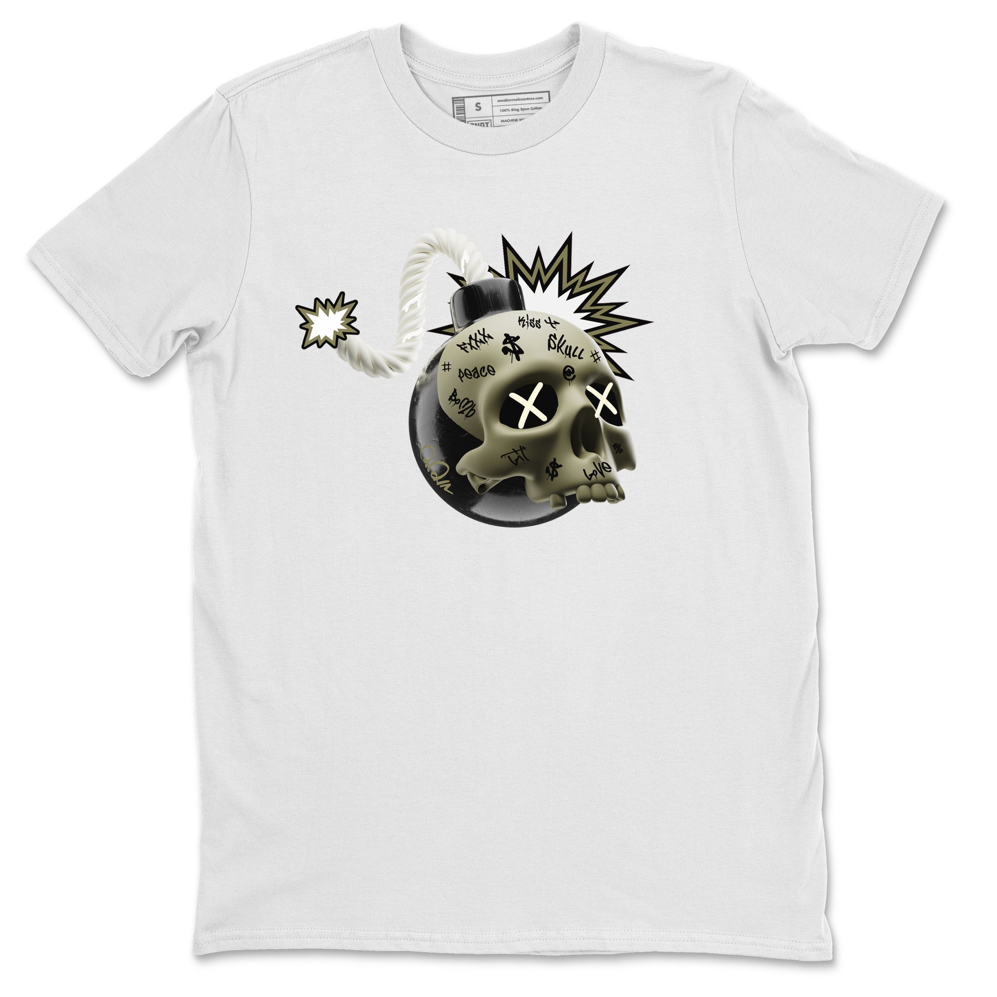 Air Jordan 4 Medium Olive shirt to match jordans streetwear brand Skull Bomb sneaker tees AJ4Medium Olive Drip Gear Zone Unisex White 2 T-Shirt