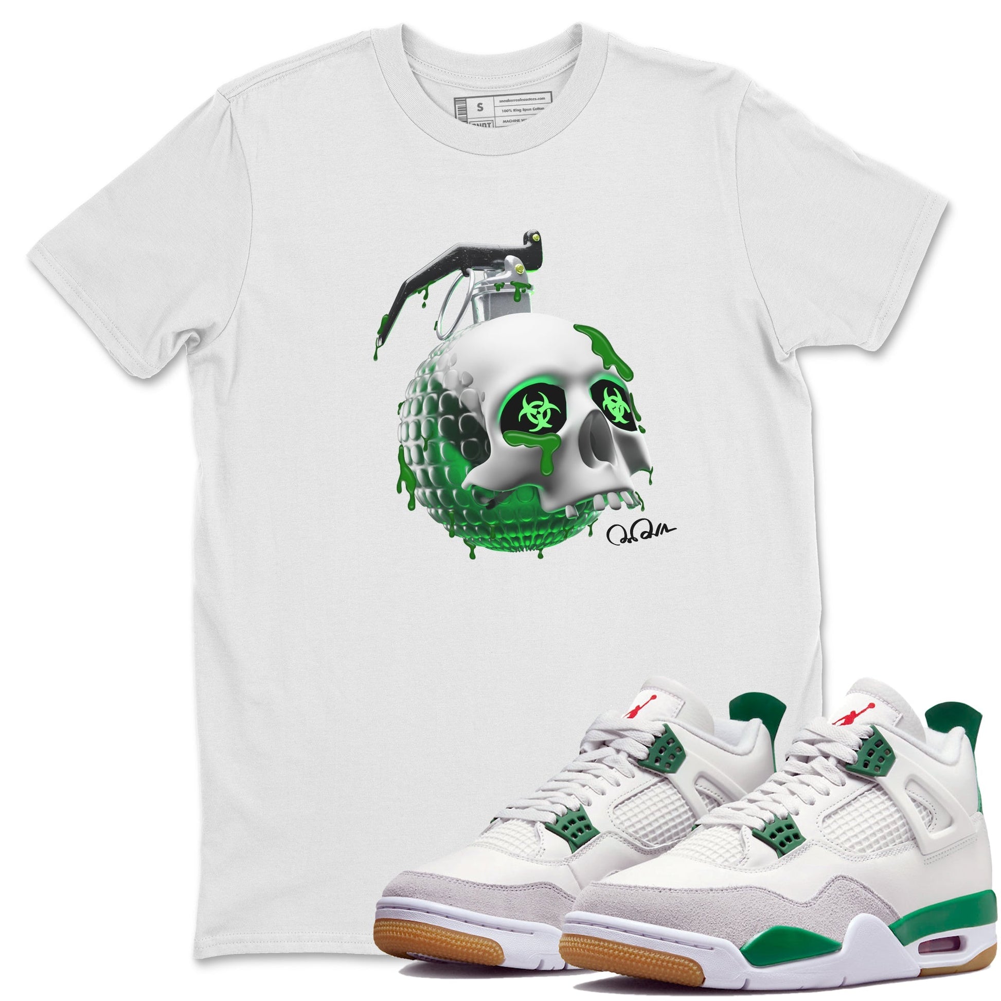Air Jordan 4 Pine Green Sneaker Tees Drip Gear Zone Skull Bomb Sneaker Tees AJ4 Pine Green Shirt Unisex Shirts White 1